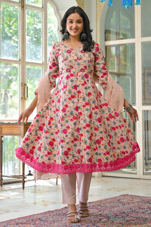 Light Pink Floral Printed Beads Work Pure Cotton Anarkali Salwar Suit