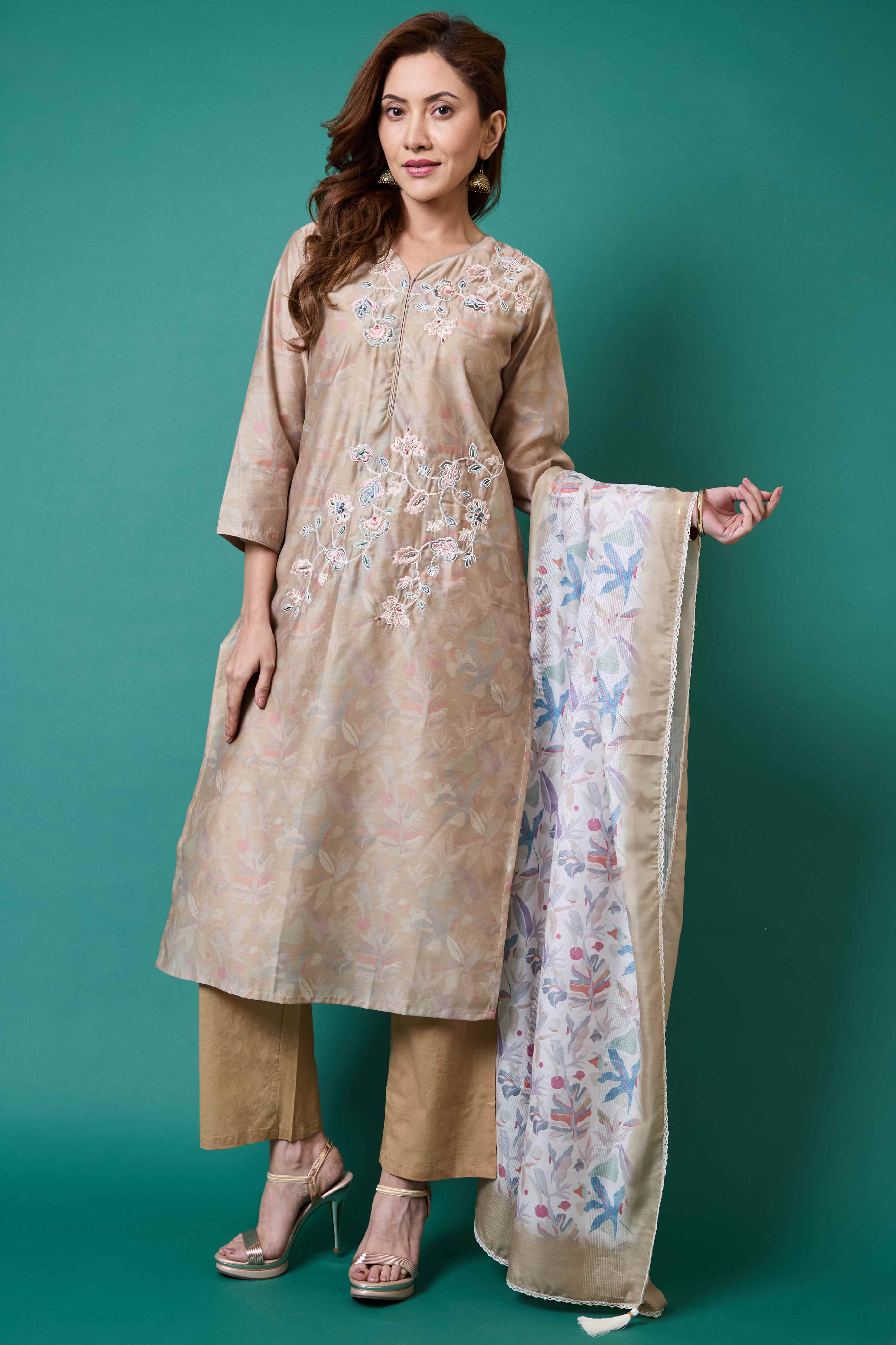 Light Olive Floral Embroidered Chanderi Silk Straight Salwar Suit