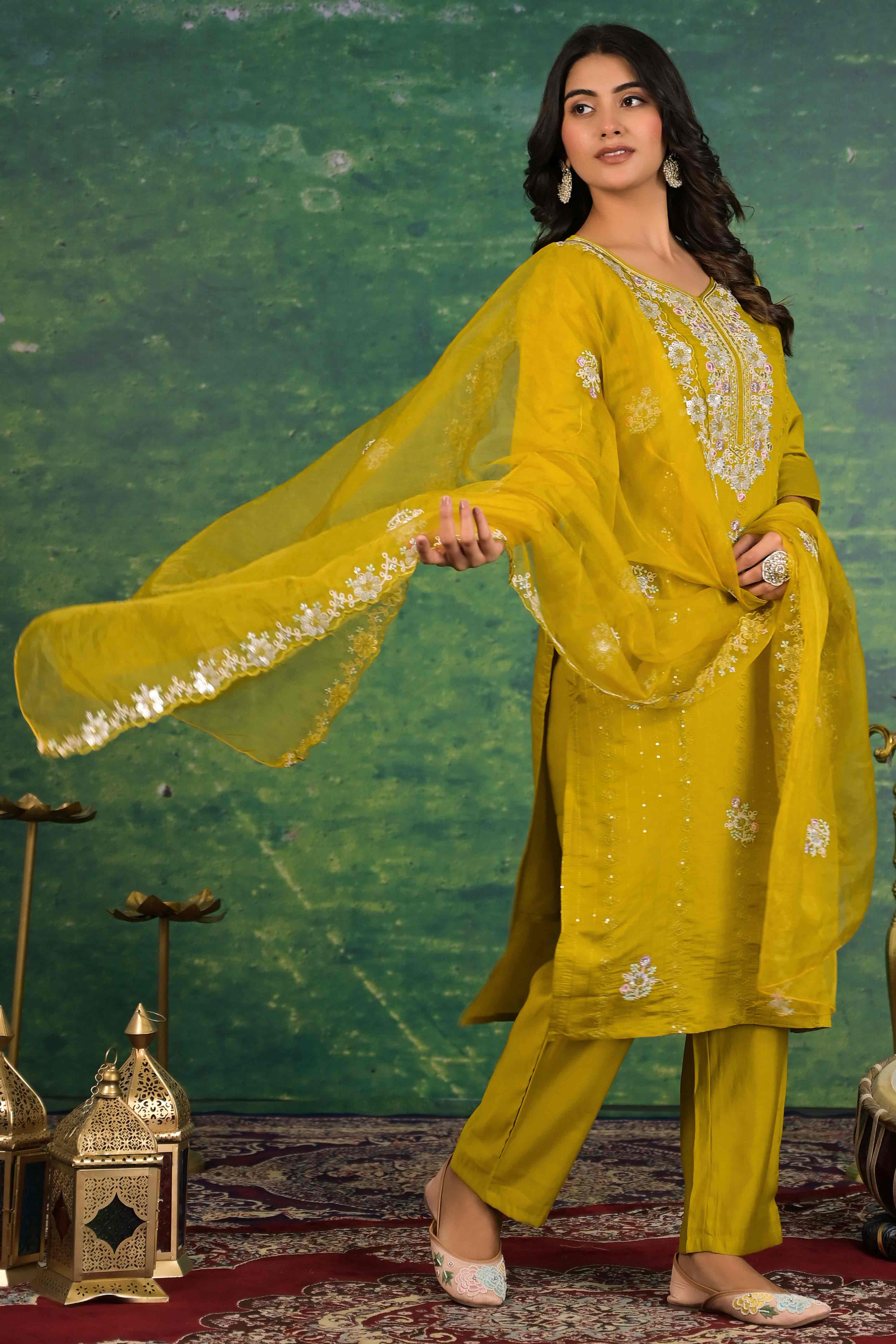 Mustard Floral Embroidered Sequins Work Cotton Silk Straight Salwar Suit