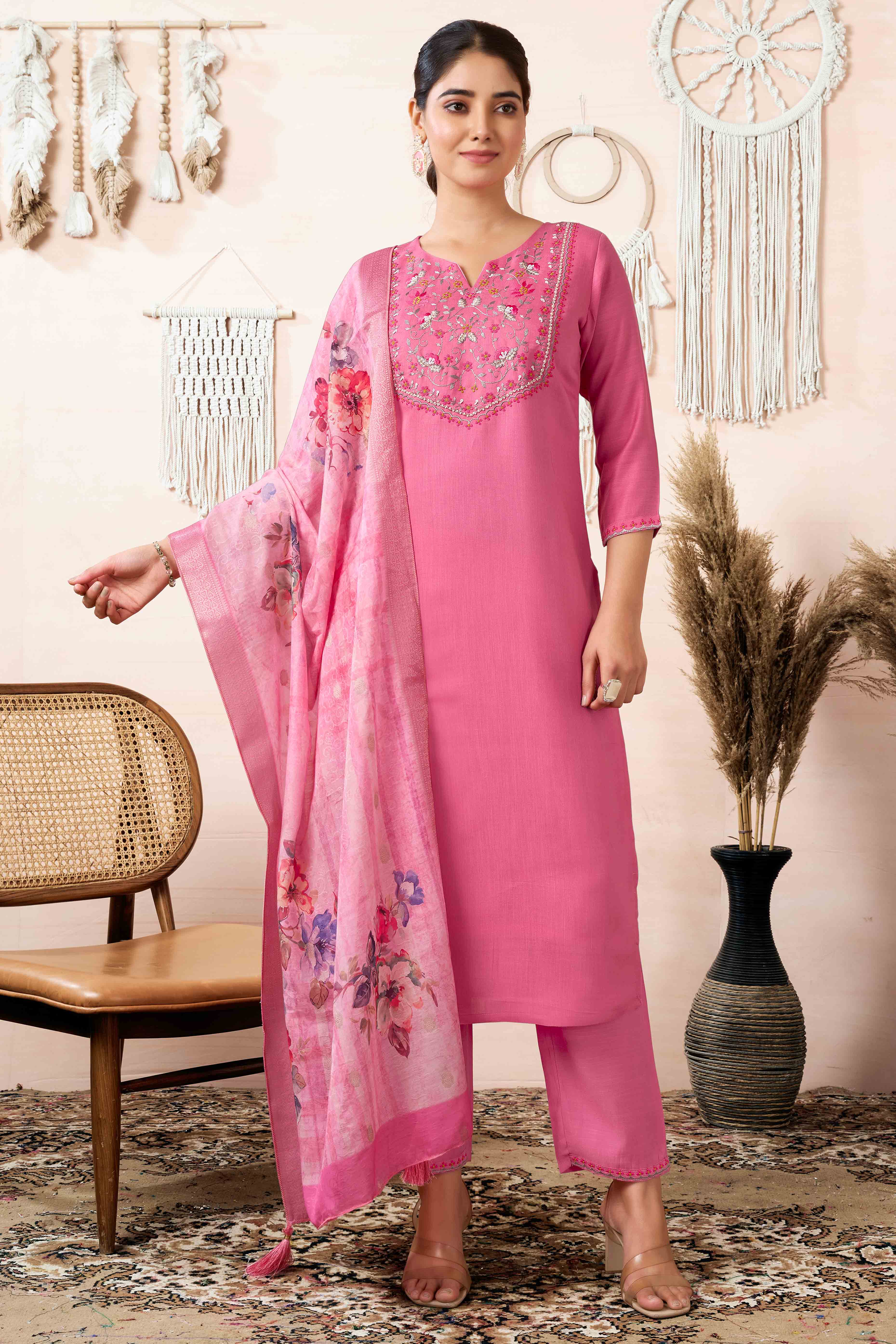 Pink Floral Embroidered Cotton Slub Straight Salwar Suit