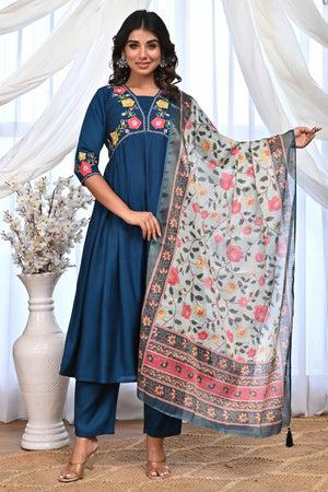 Blue Floral Embroidered A-Line Alia Cut Suit With Elegant Moti Handwork On Cotton Blend