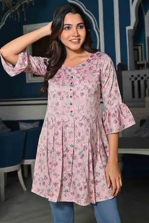 Light Purple Floral Foil Printed Rayon A-Line Top