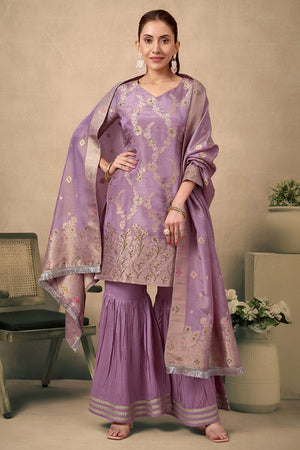 Mauve Floral Zari Woven Jacquard Sharara Suit With Exquisite Handwork