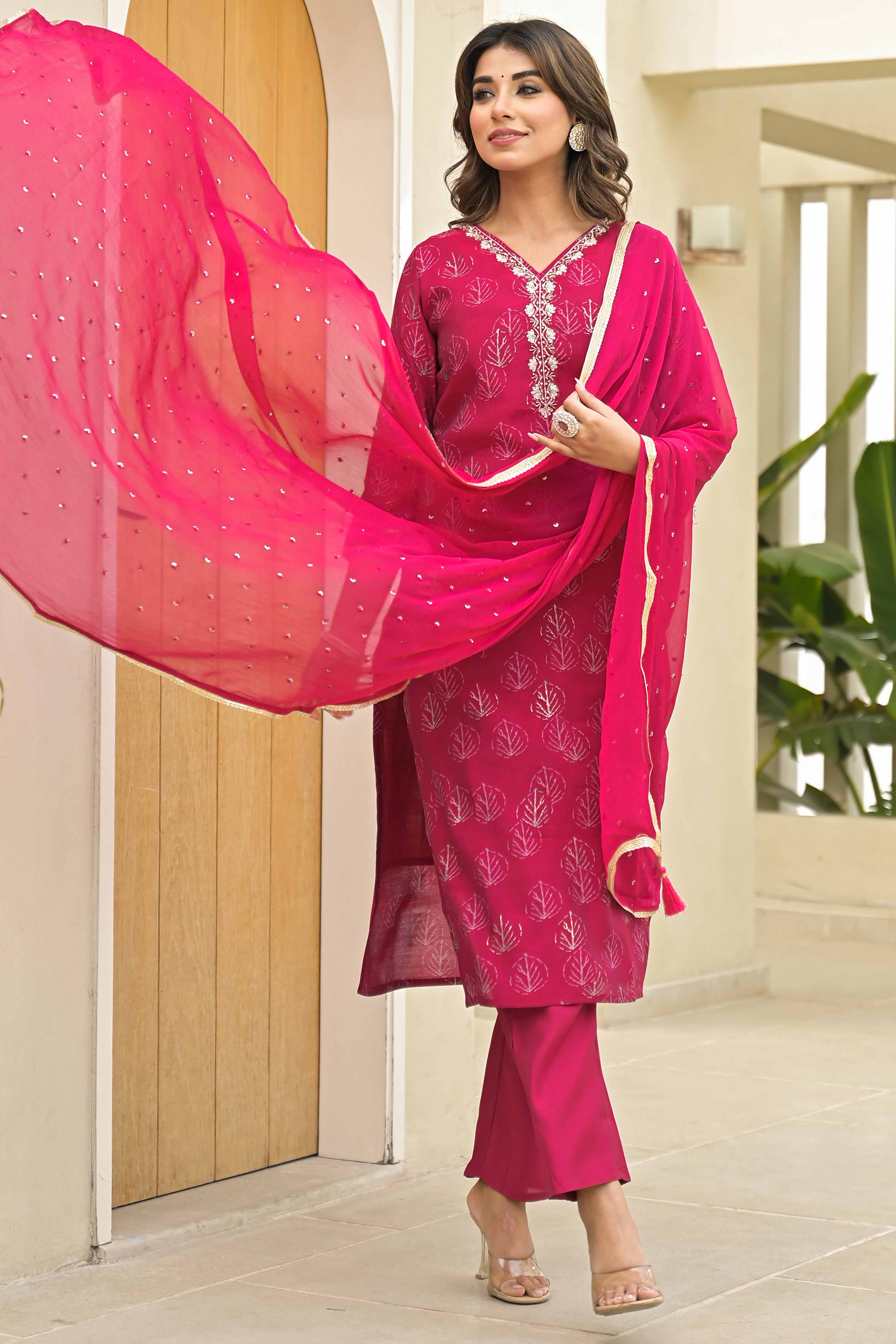 Pink Foil Printed Chanderi Straight Salwar Suit