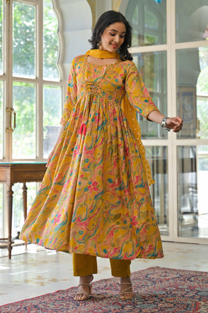 Mustard Floral Printed Rayon A-Line Salwar Suit