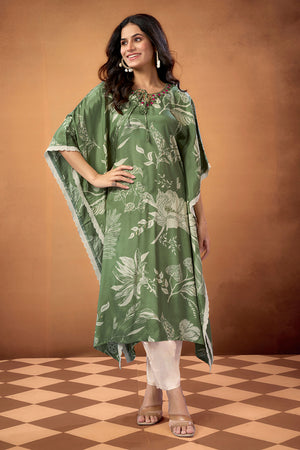 Green Floral Printed Muslin Kaftan Top Bottom Set