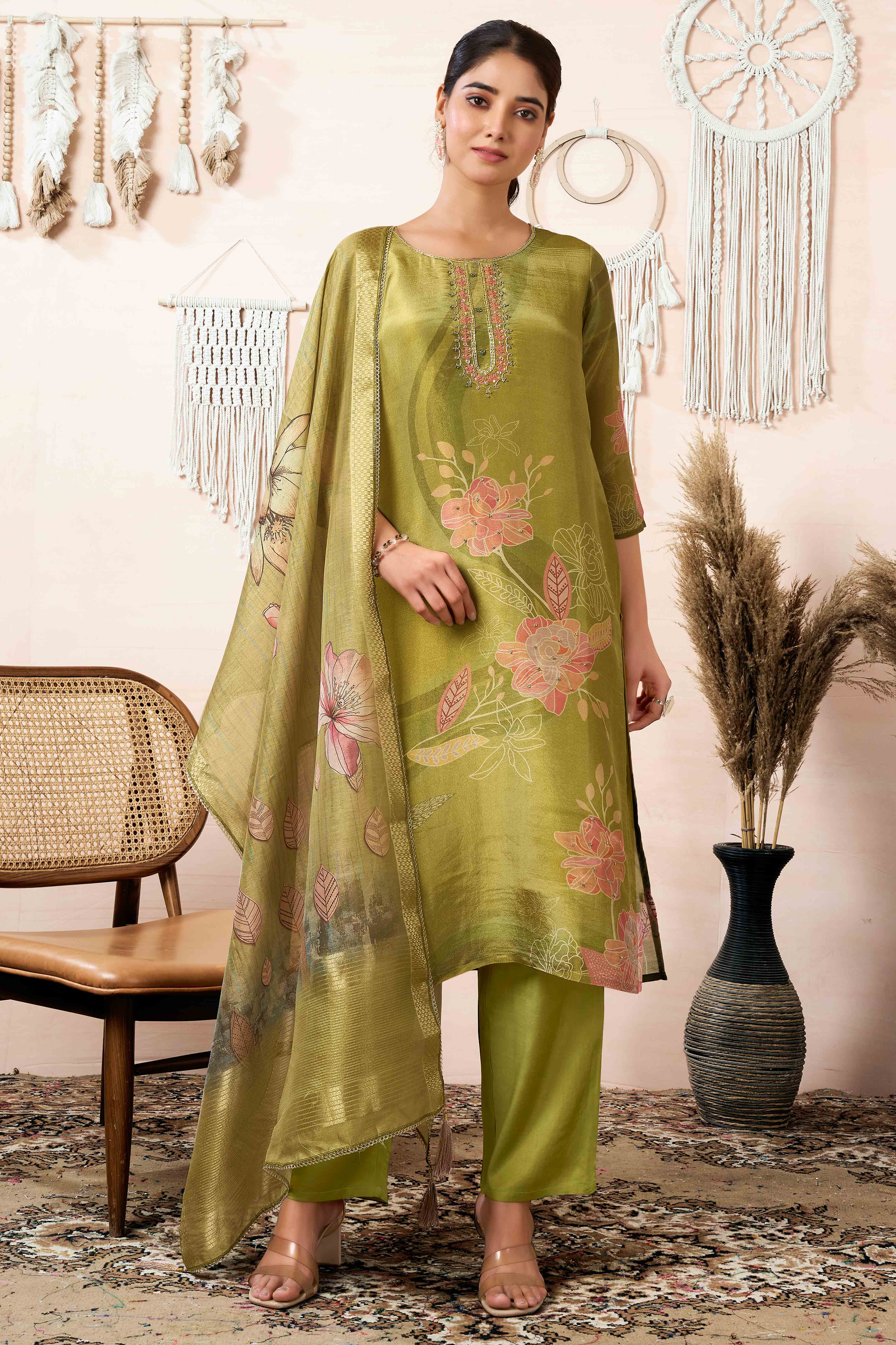 Green Floral Printed With Handwork Shimmer Organza Straight Salwar Suit