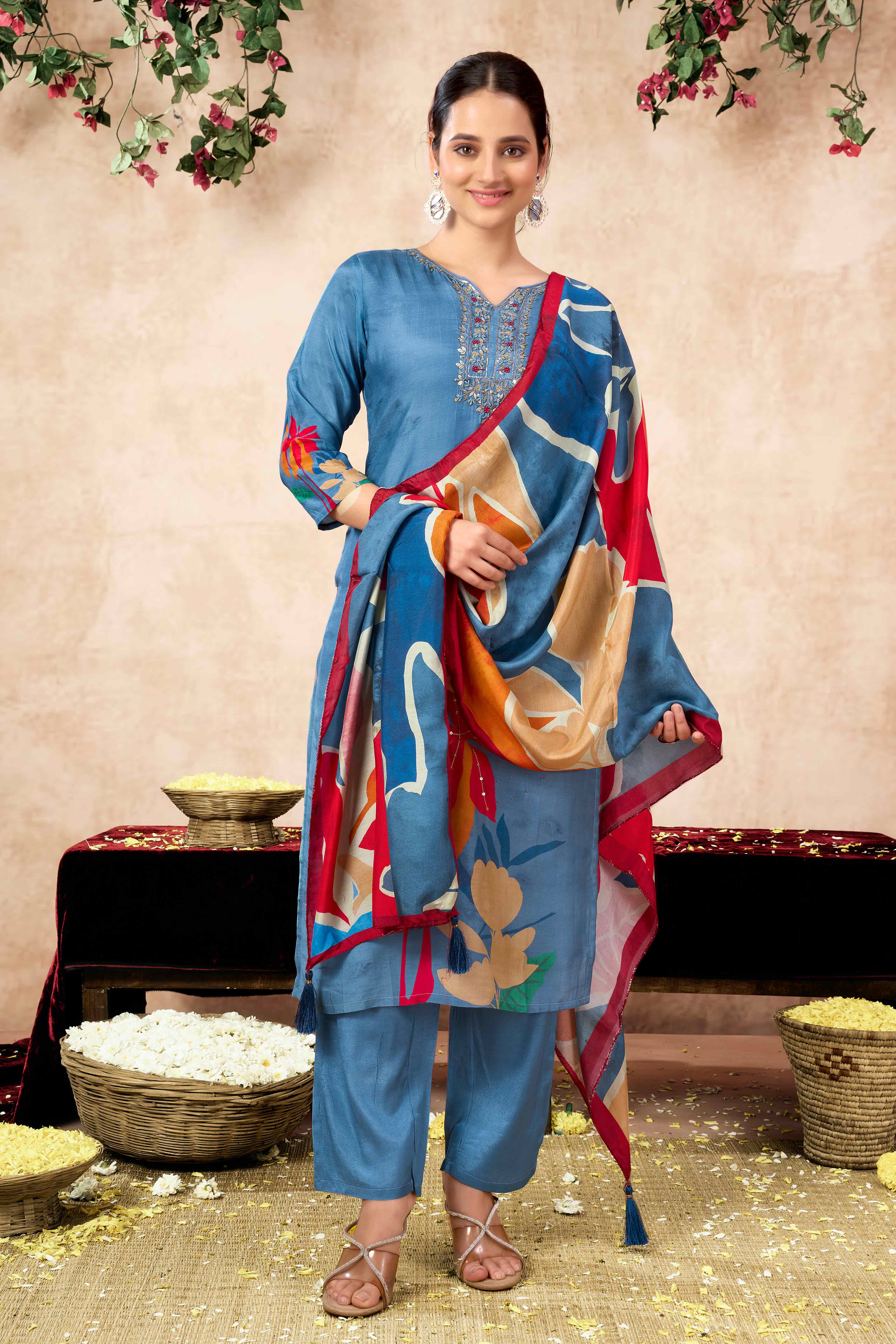 Blue Floral Hand Embroidery With Printed Muslin Straight Salwar Suit