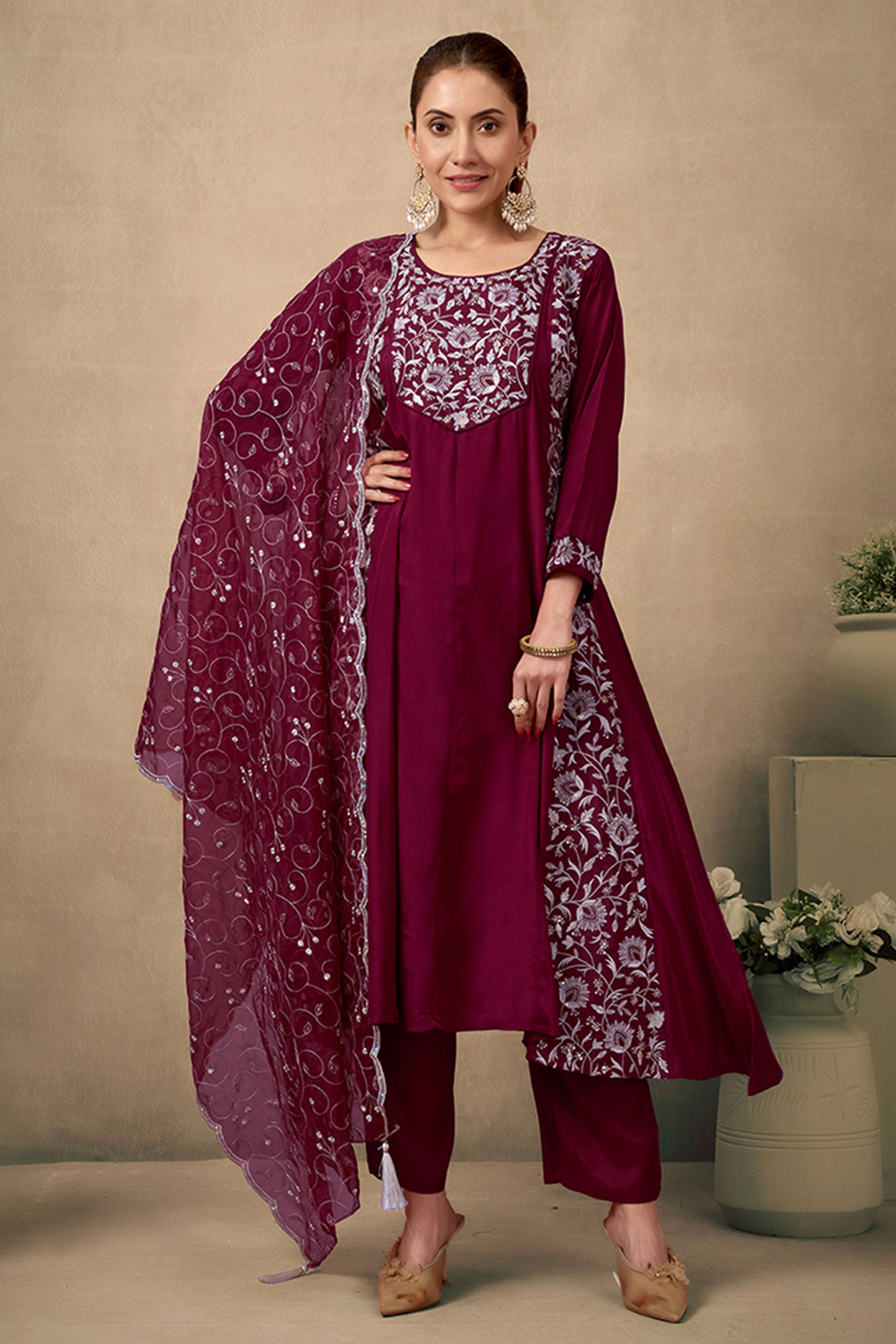 Maroon Silk Blend Anarkali Suit With Floral Sequins Embroidery