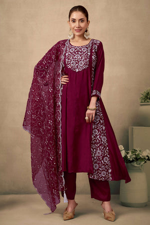 Maroon Silk Blend Anarkali Suit With Floral Sequins Embroidery