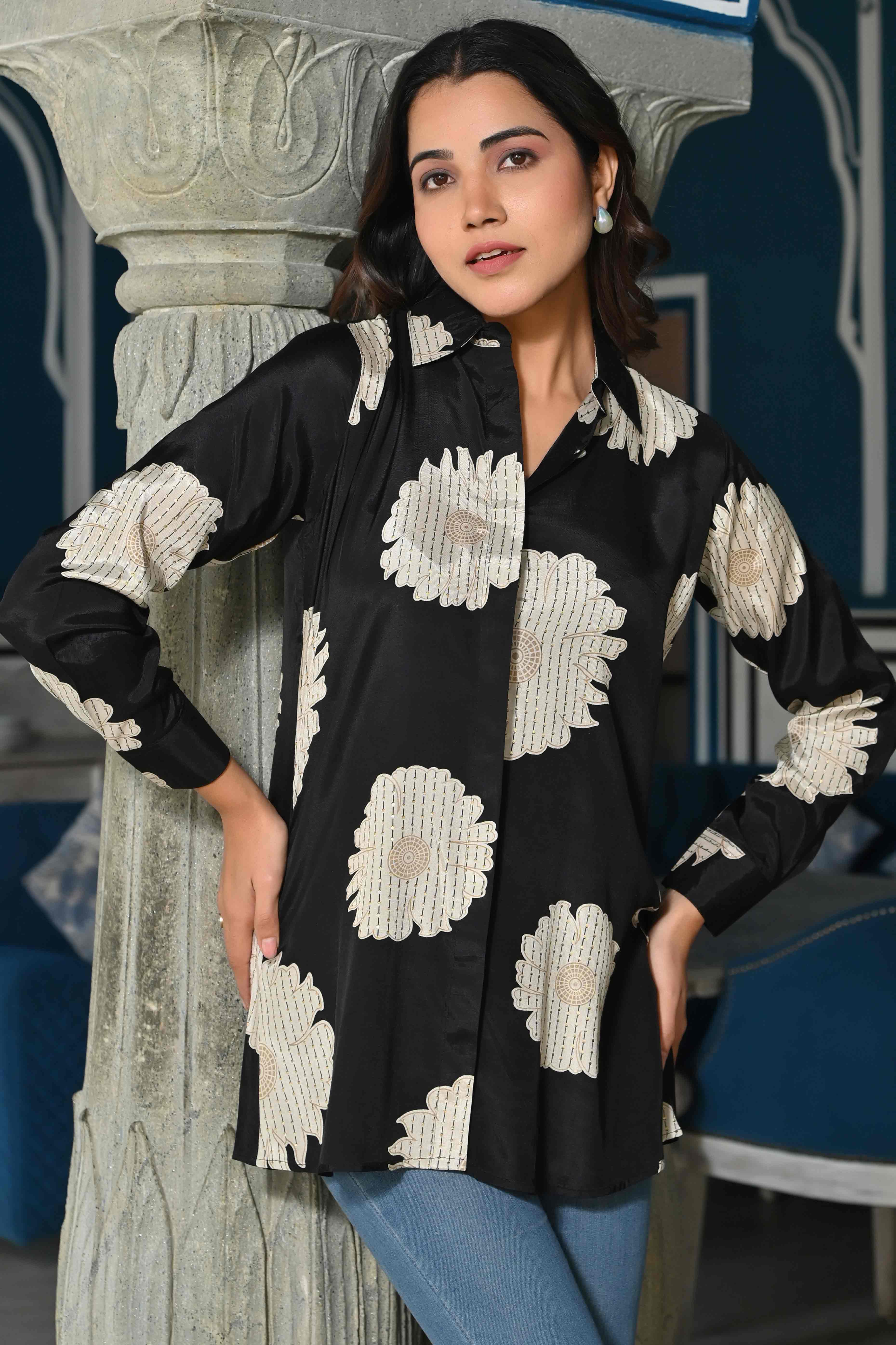 Black Floral Printed Muslin Top