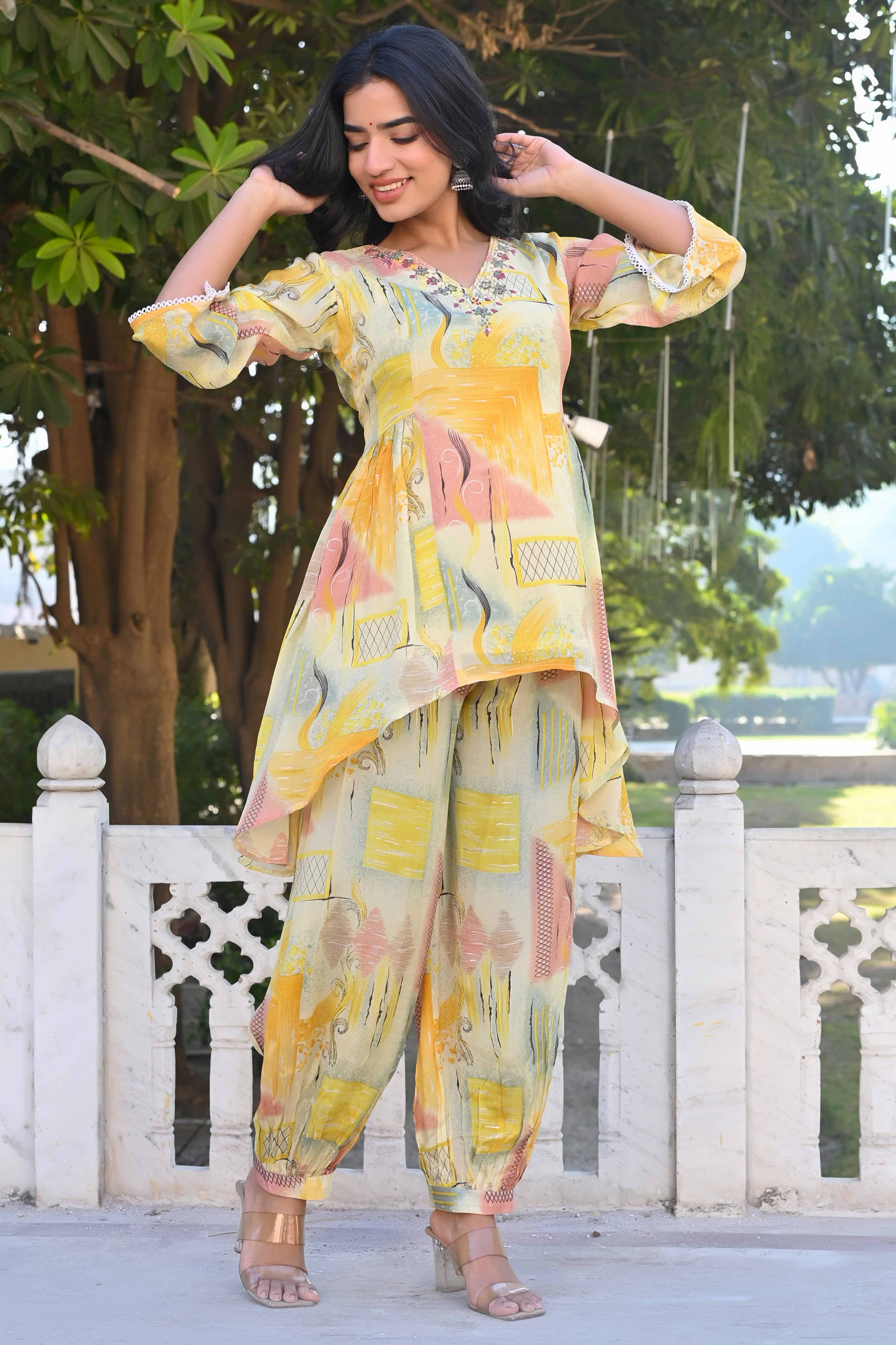 Cream & Yellow Printed With Embroidered Pure Chinon A-Line Co-Ord Set