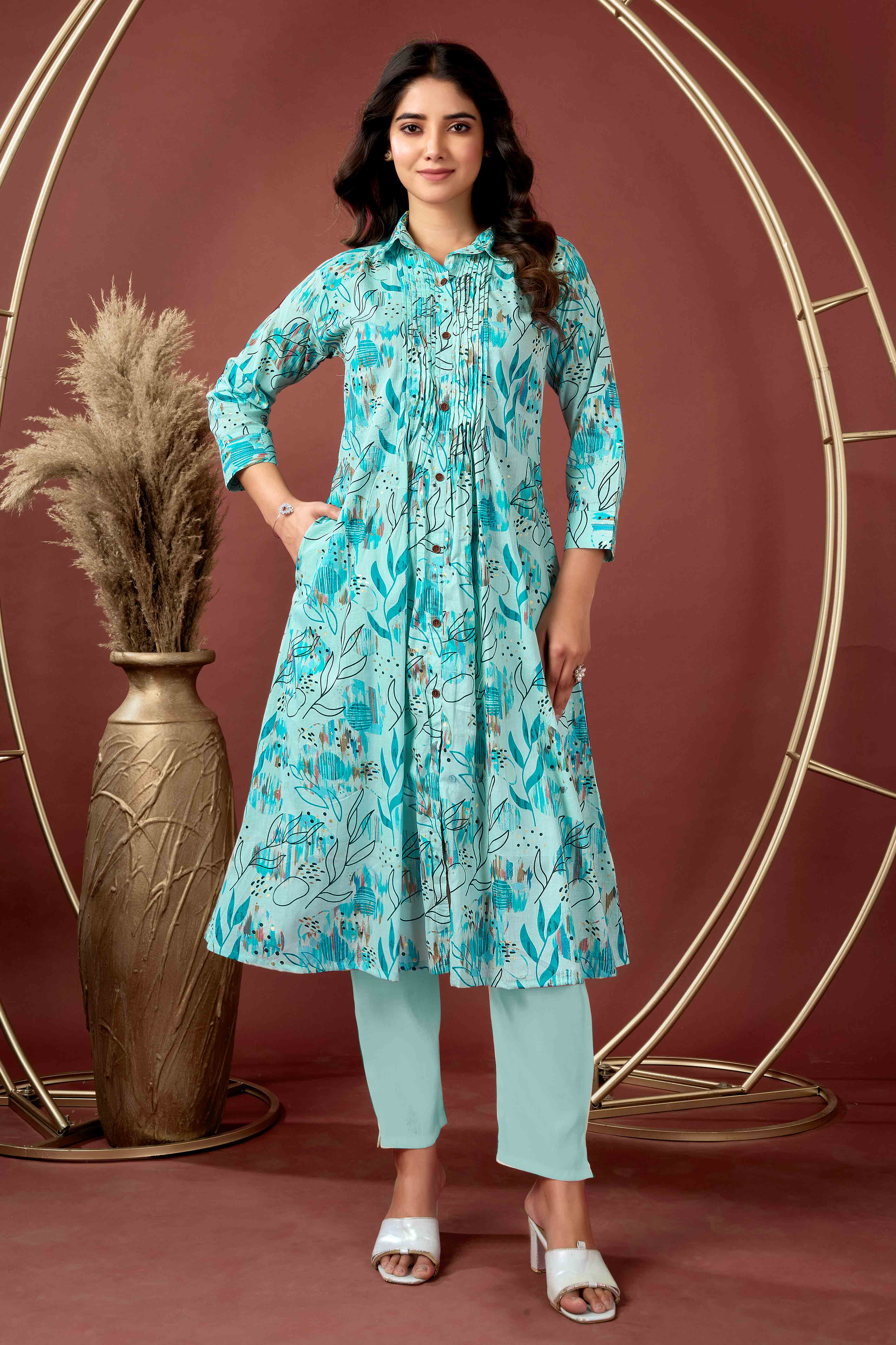 Light Blue Floral Printed Pure Cotton A-Line Kurti
