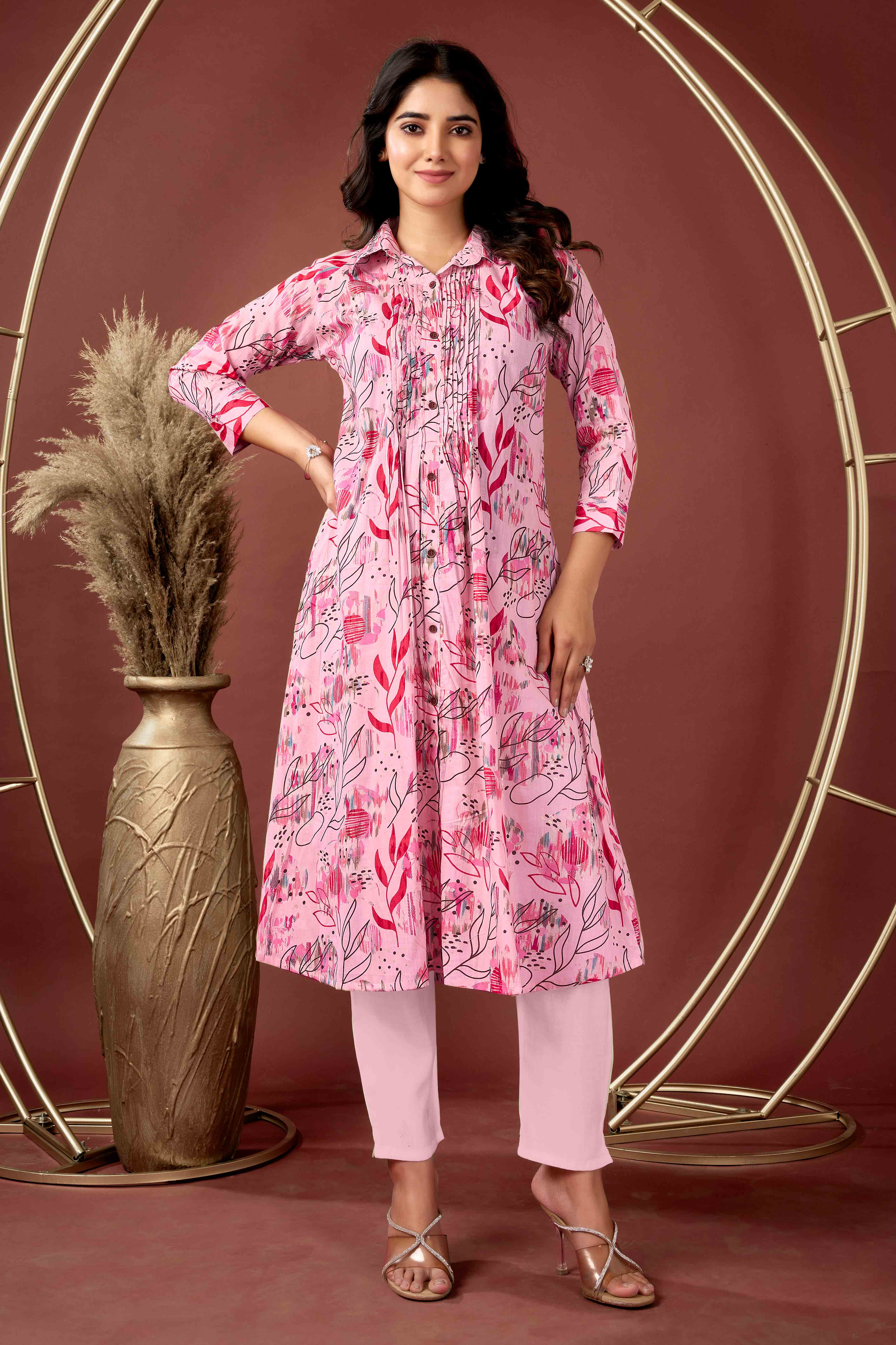 Light Peach Floral Printed Pure Cotton A-Line Kurti