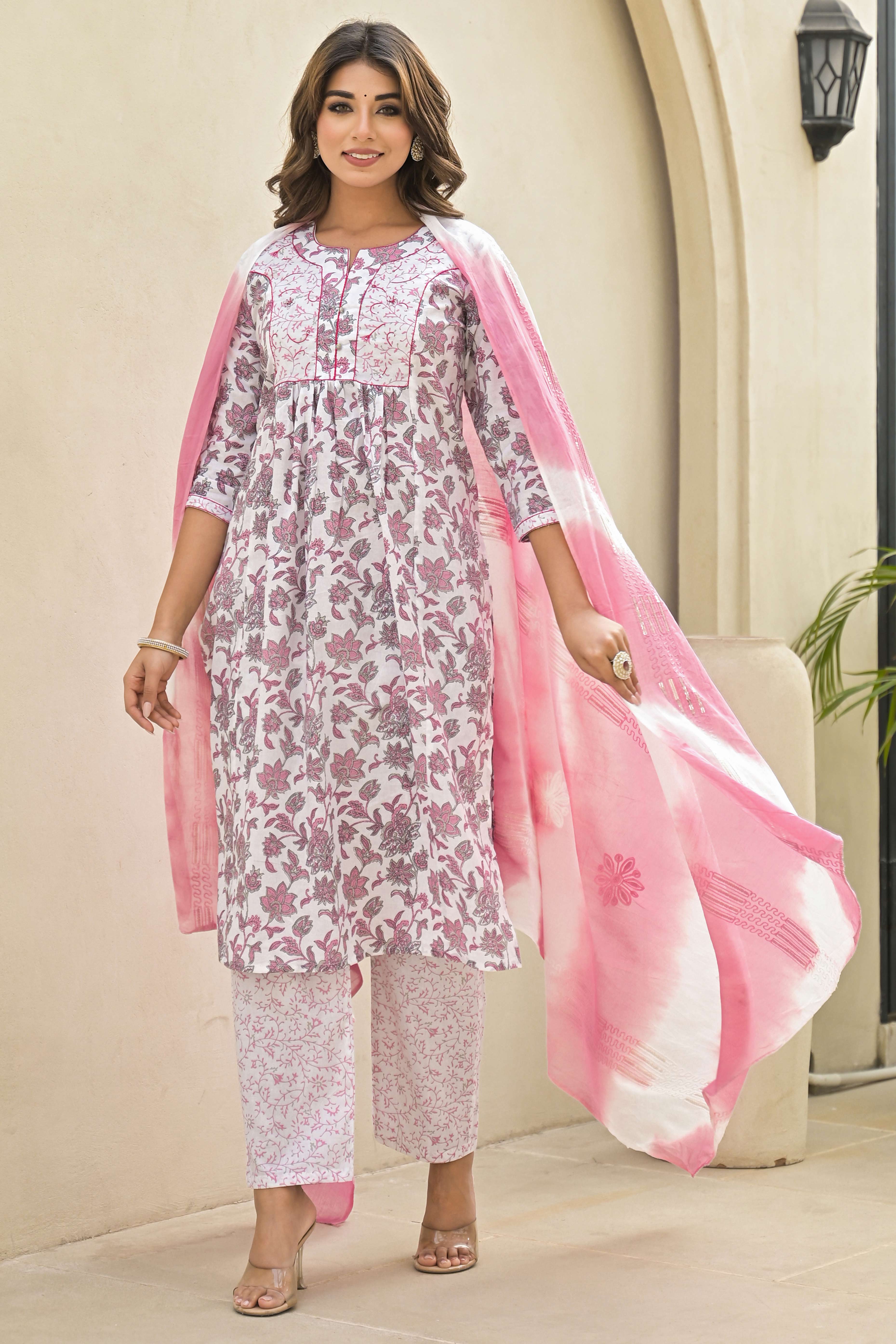 White & Pink Floral Printed Pure Cotton Naira Cut Salwar Suit