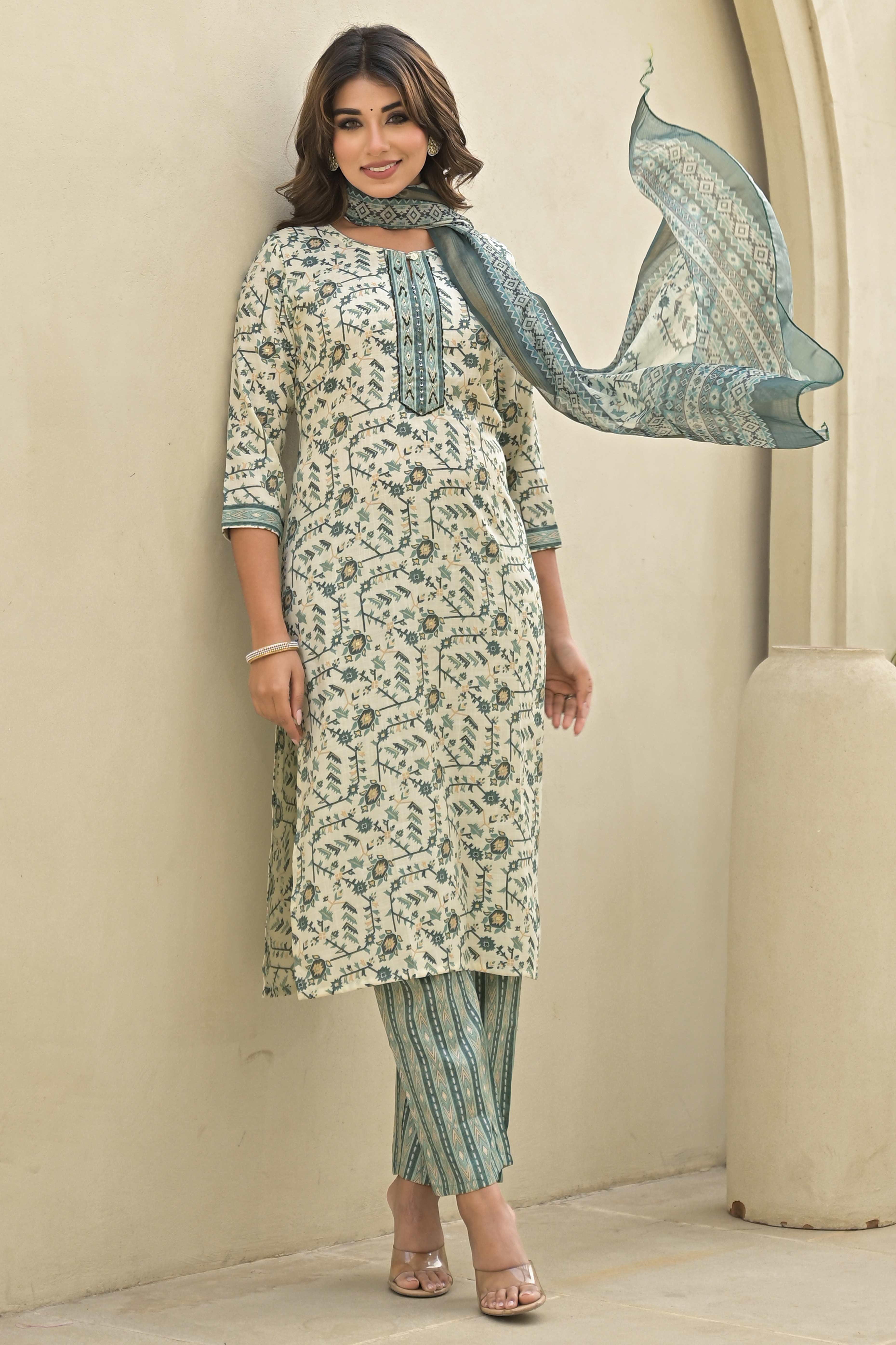 Sea Green Floral Printed Rayon Straight Salwar Suit