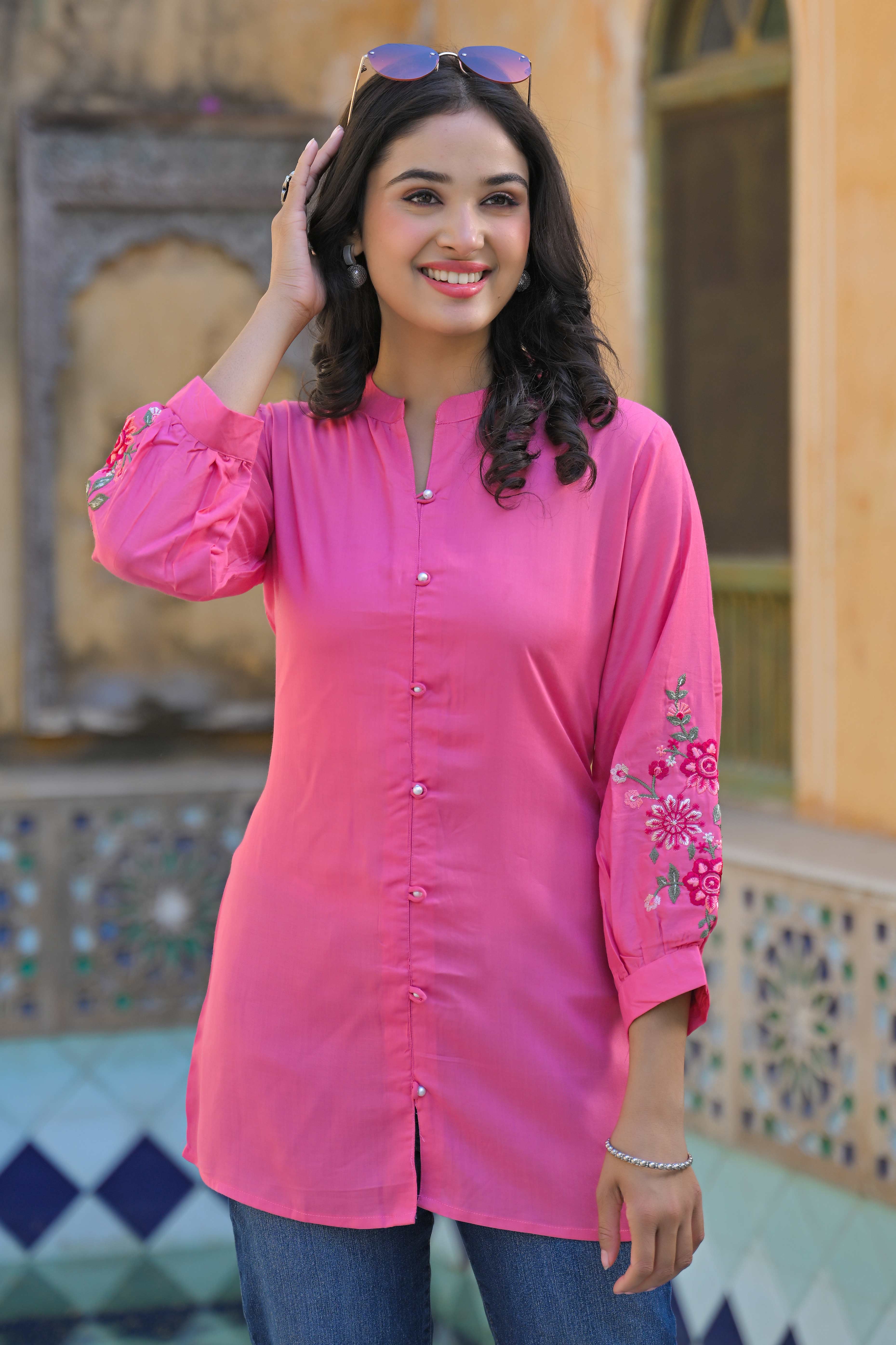 Pink Floral Embroidered Rayon Straight Top