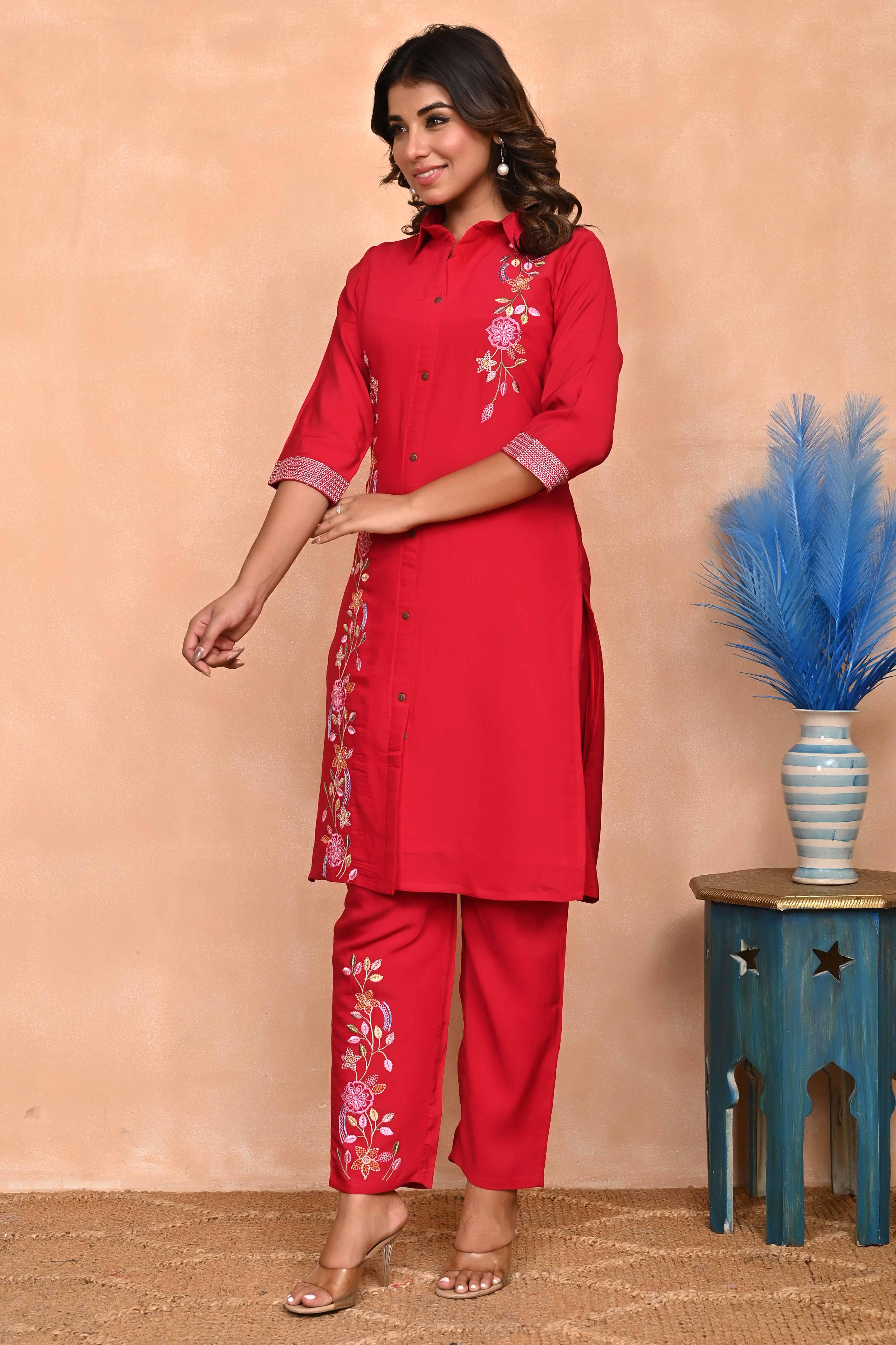 Stylish Red Co-Ord Set in Chanderi Silk with Intricate Floral Embroidery