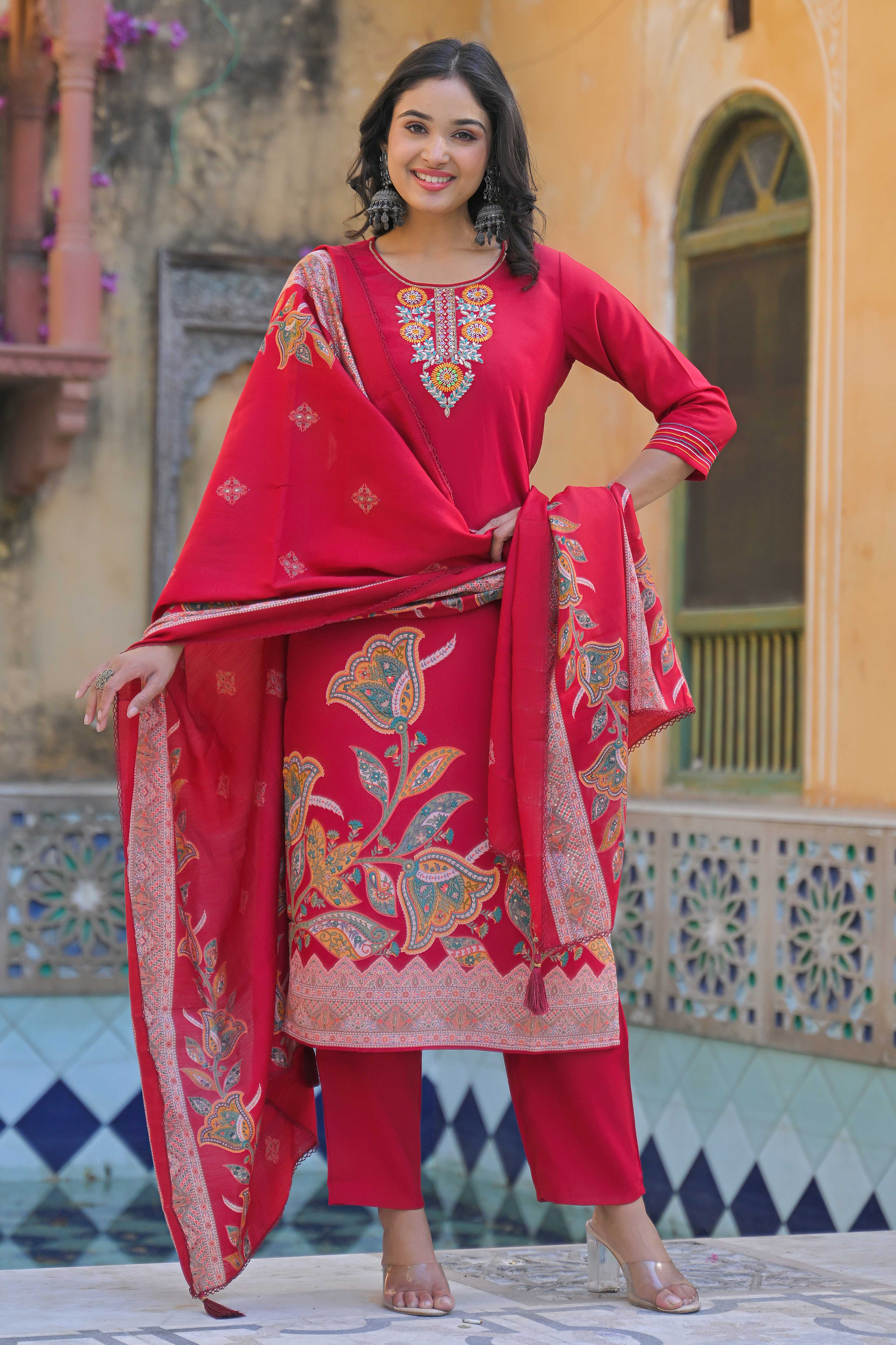 Pink Floral Handwork Embroidered Chanderi Silk Straight Salwar Suit