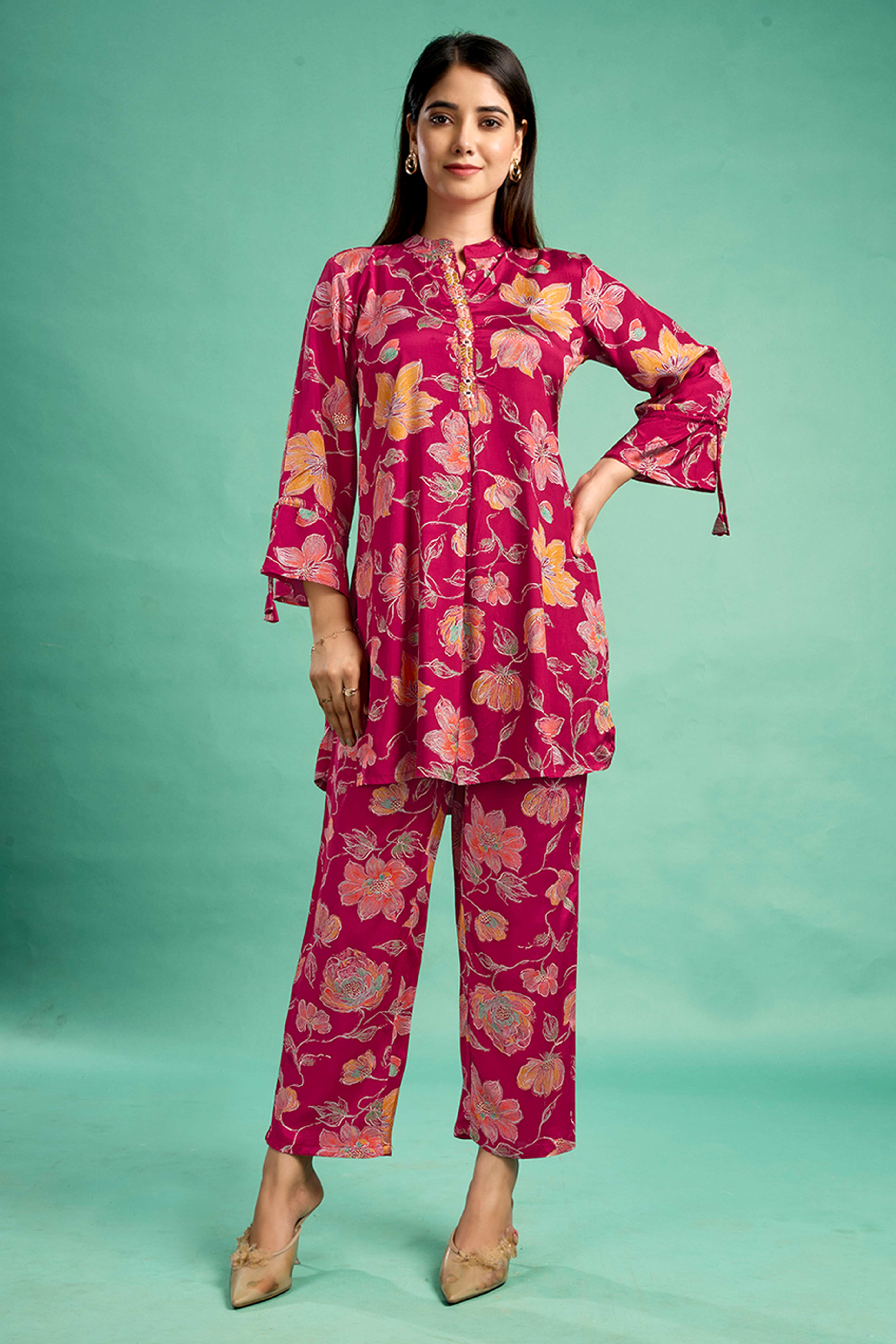 Red Floral Printed Muslin Straight Co-Ord Set