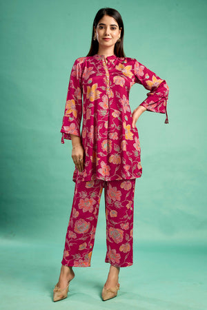Red Floral Printed Muslin Straight Co-Ord Set