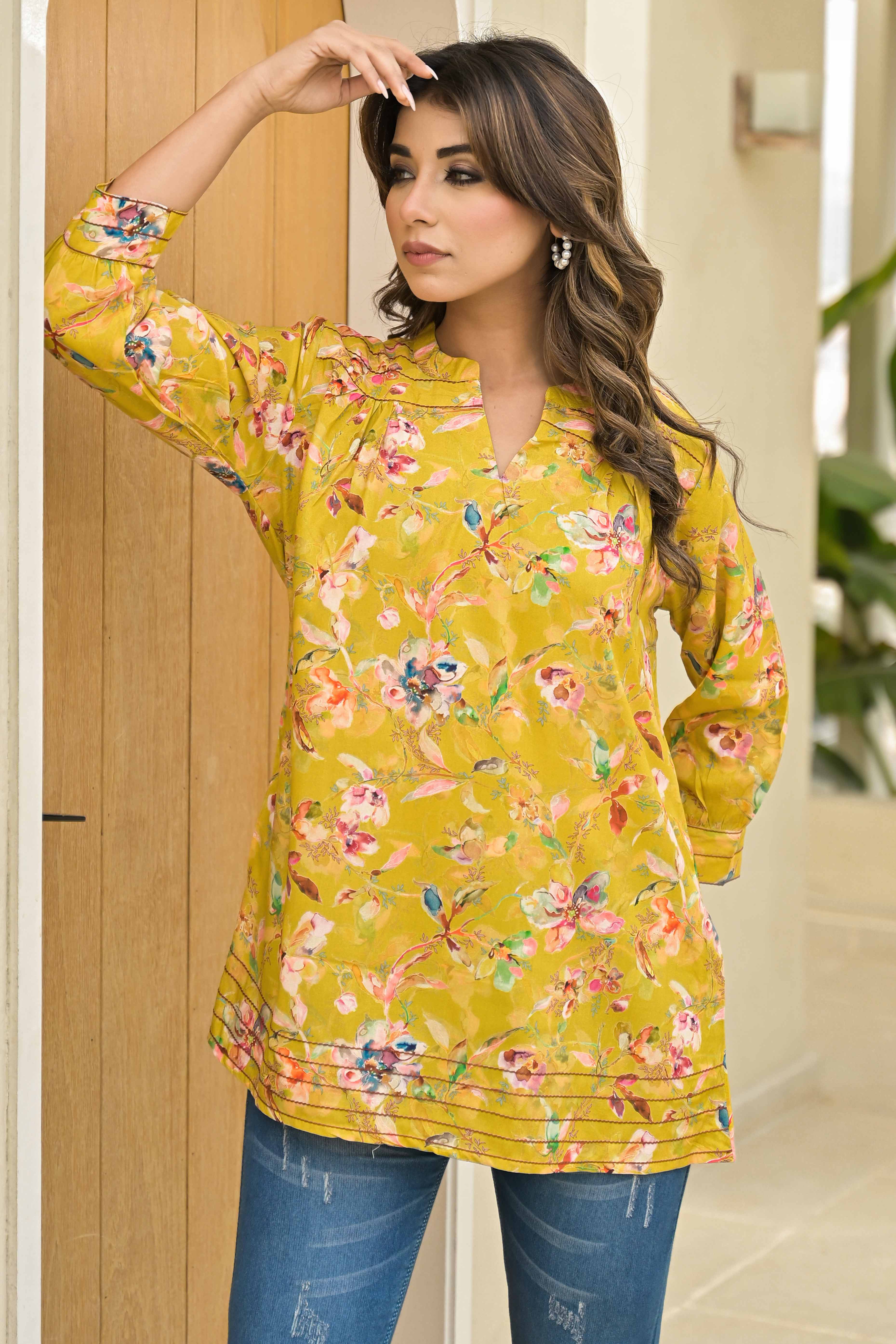 Lime Yellow Floral Printed Muslin Straight Top