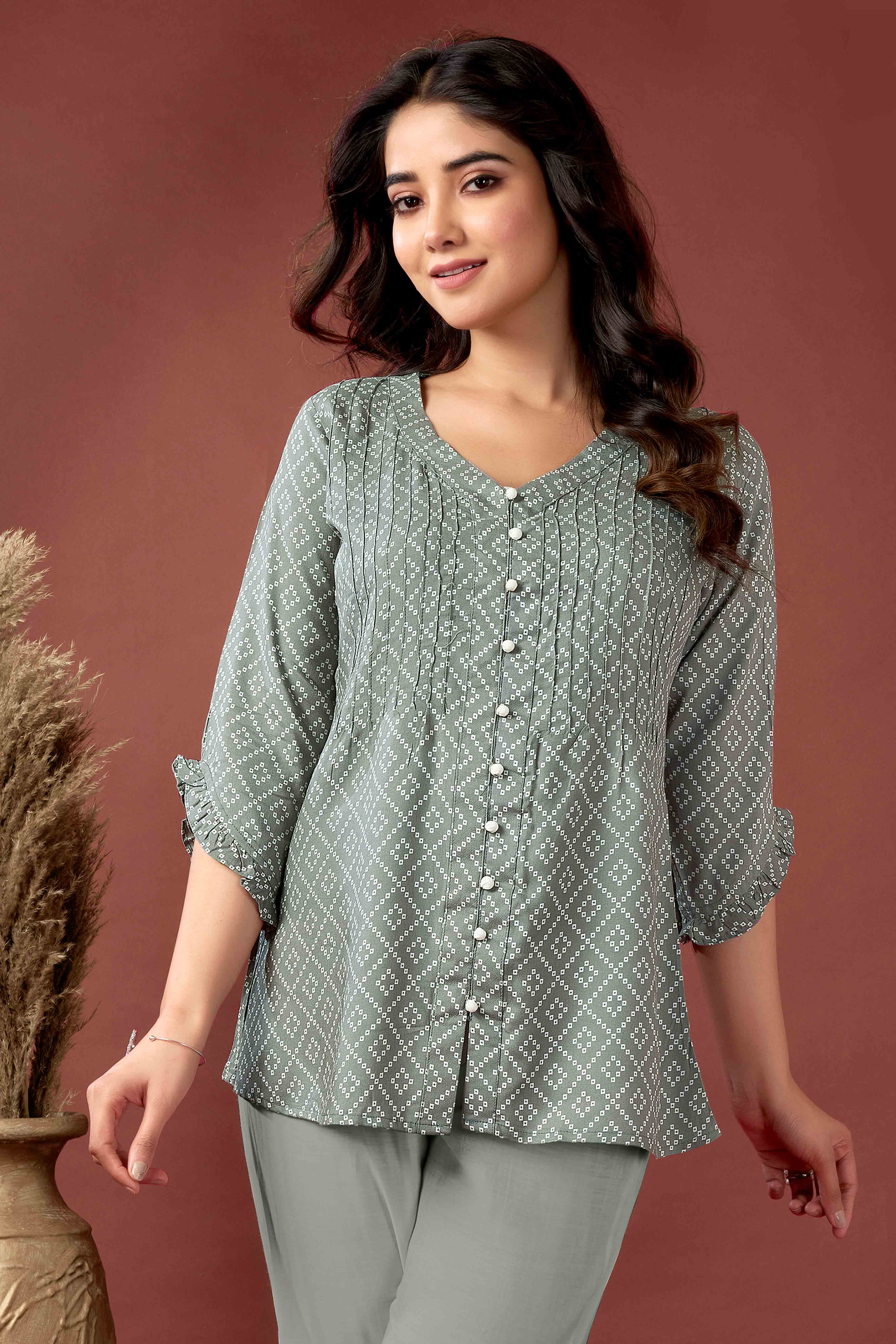 Grey Bandhani Printed Pure Cotton Top