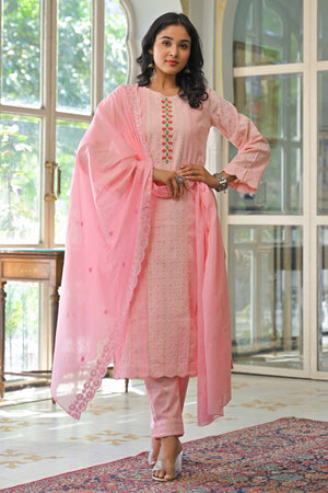 Pink Embroidered Pure Cotton Straight Salwar Suit