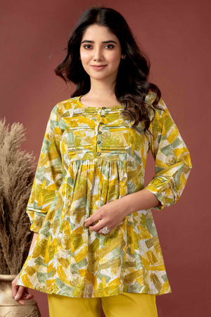 Mustard Abstract Printed Pure Cotton A-Line Top