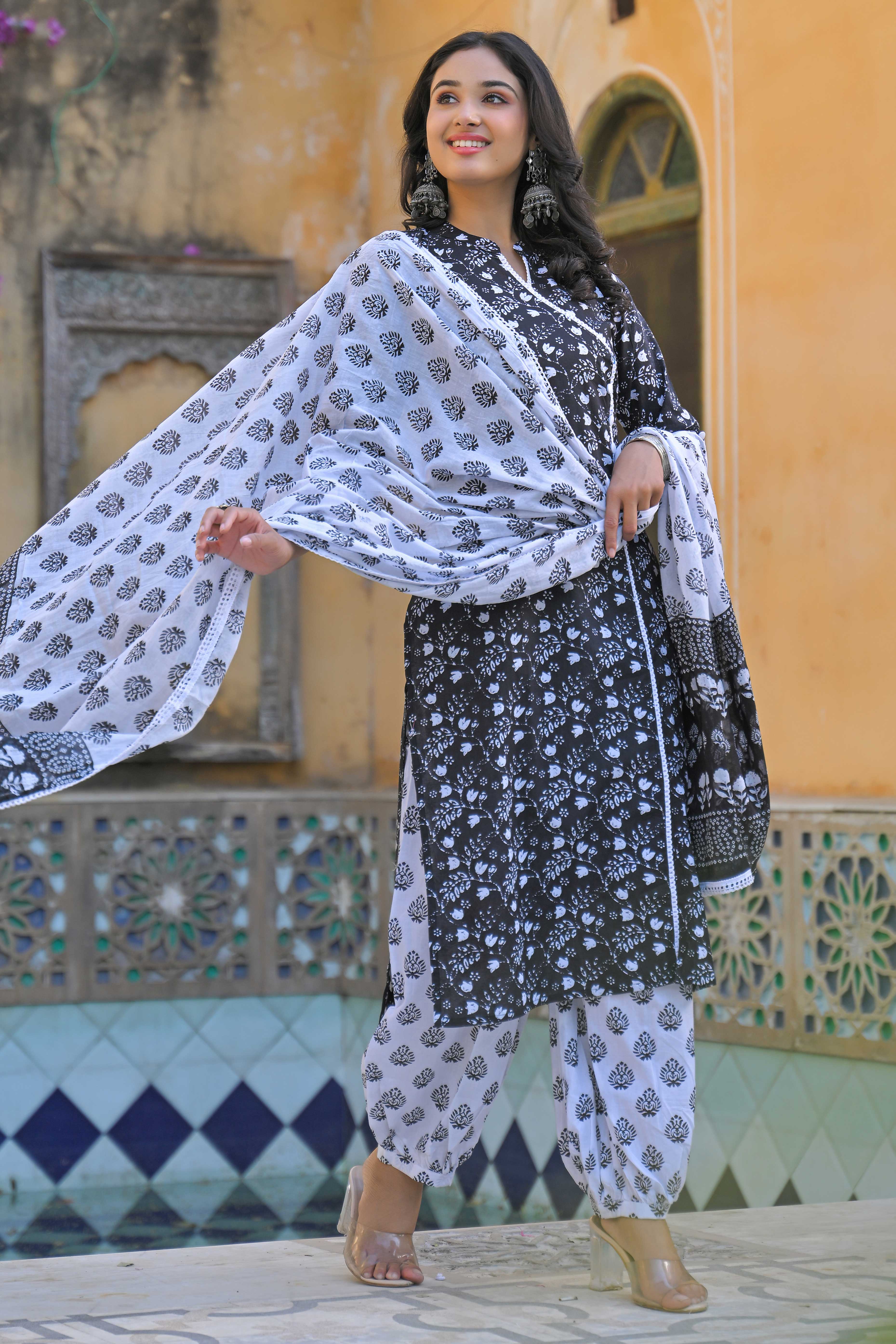 Black Floral Printed Pure Cotton Angrakha Salwar Suit