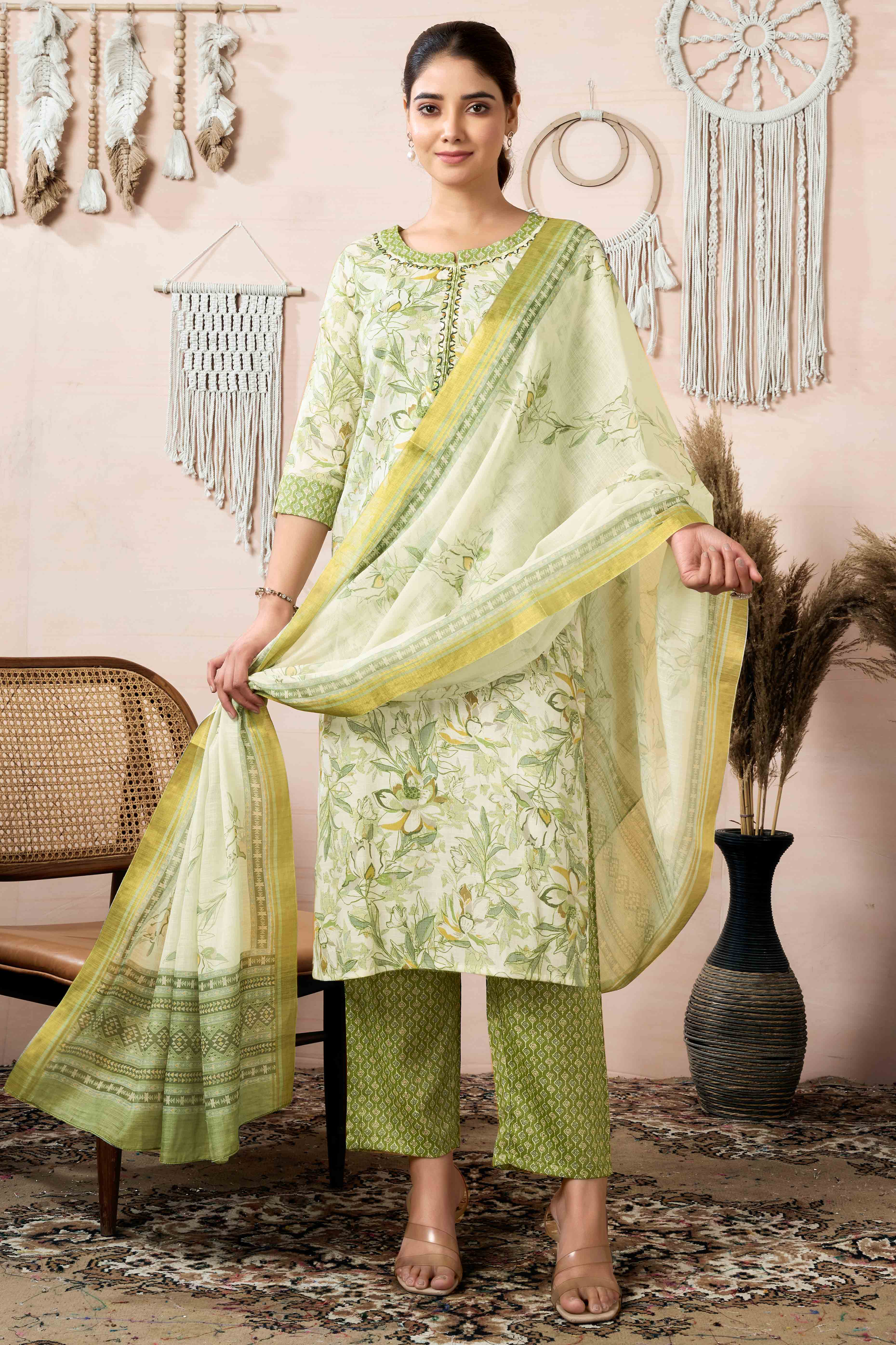 Off White Floral Foil Printed With Sequins Work Rayon Salwar Suit