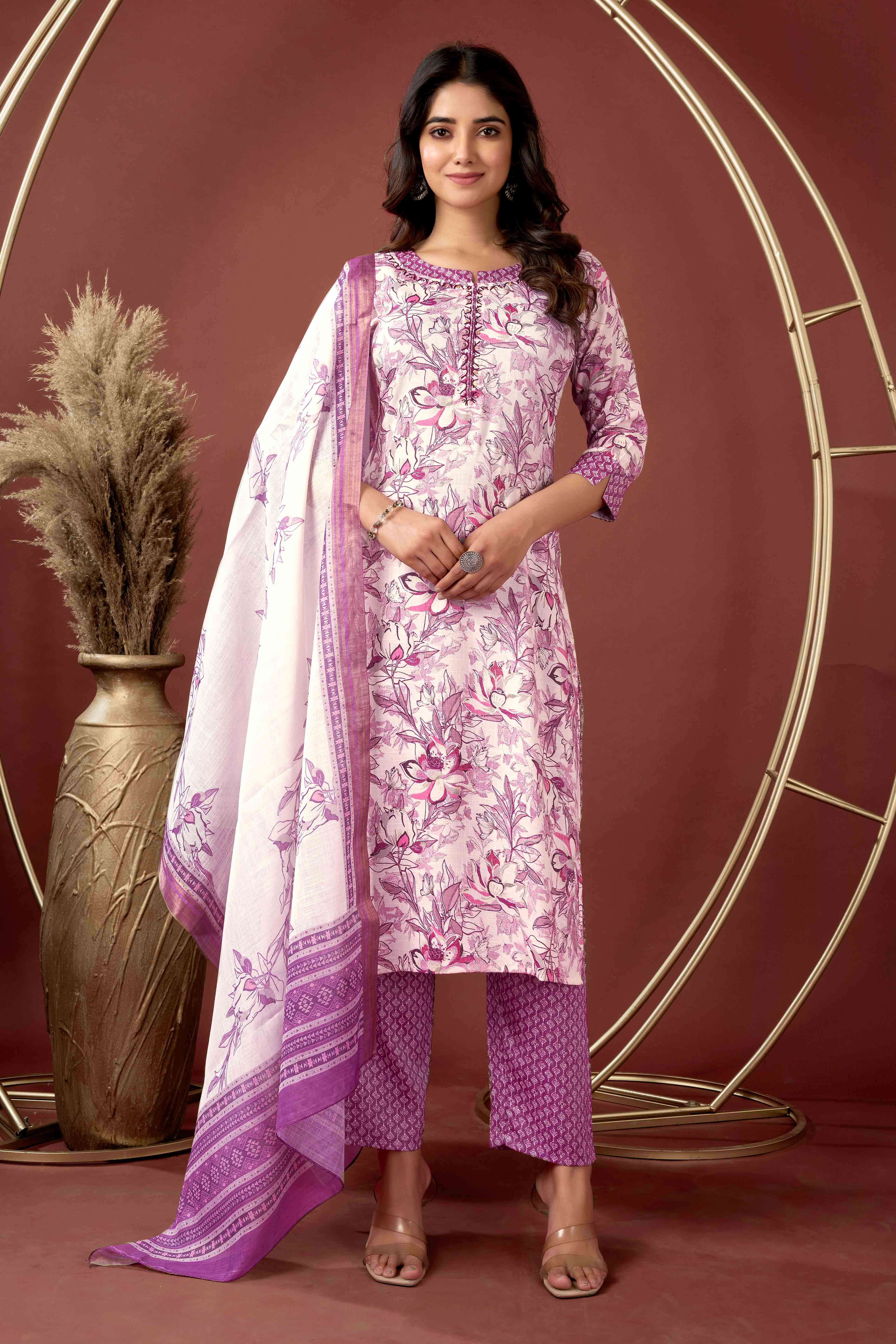 Off White & Wine Floral Foil Printed With Sequins Work Rayon Salwar Suit