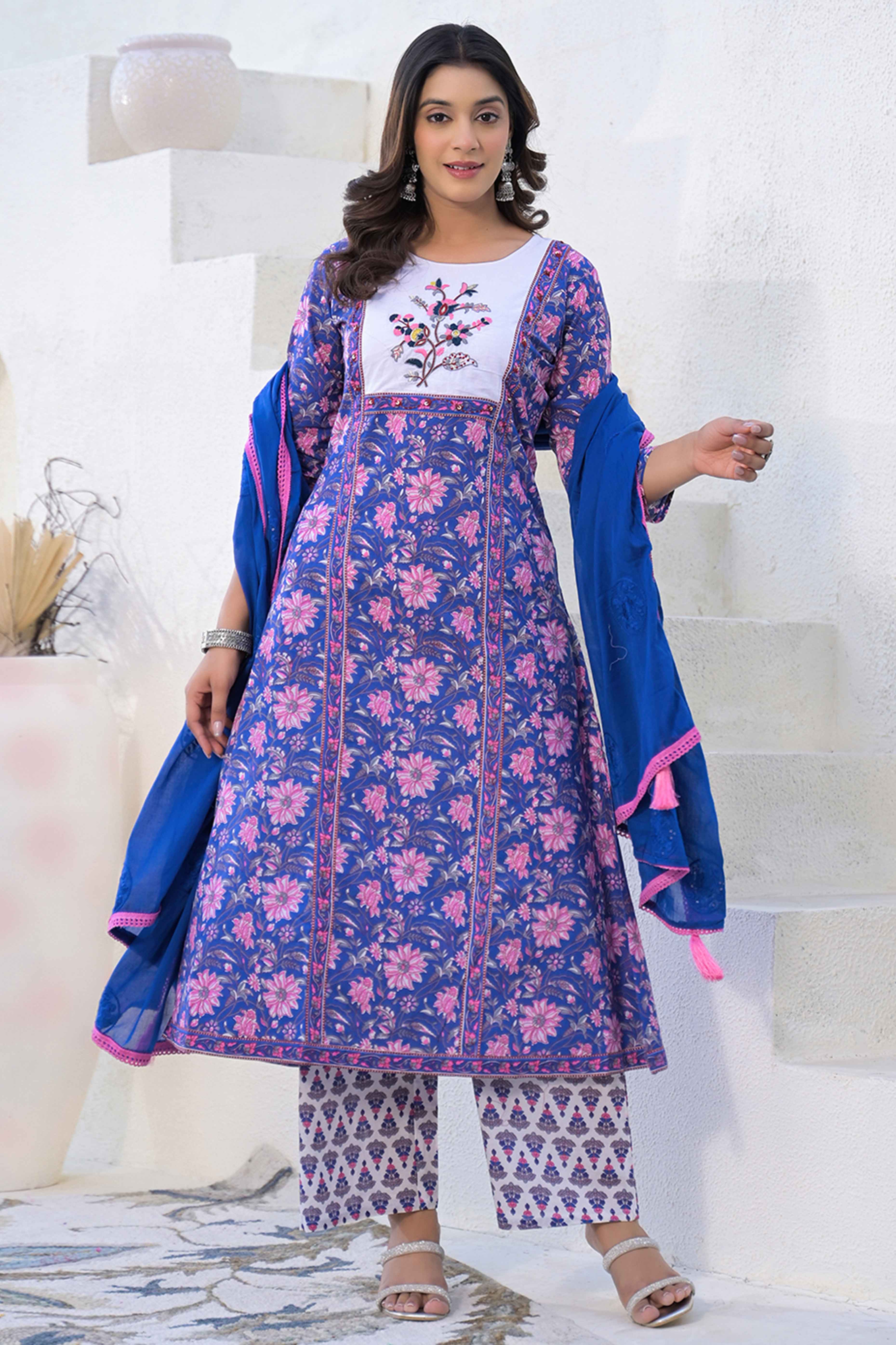 Blue Pure Cotton Salwar Suit with Floral Prints and Embroidered Neck