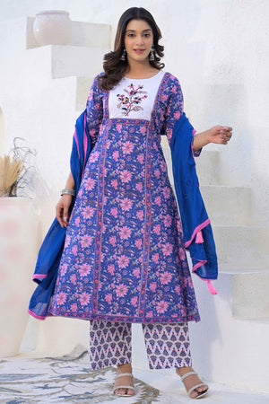 Blue Pure Cotton Salwar Suit with Floral Prints and Embroidered Neck