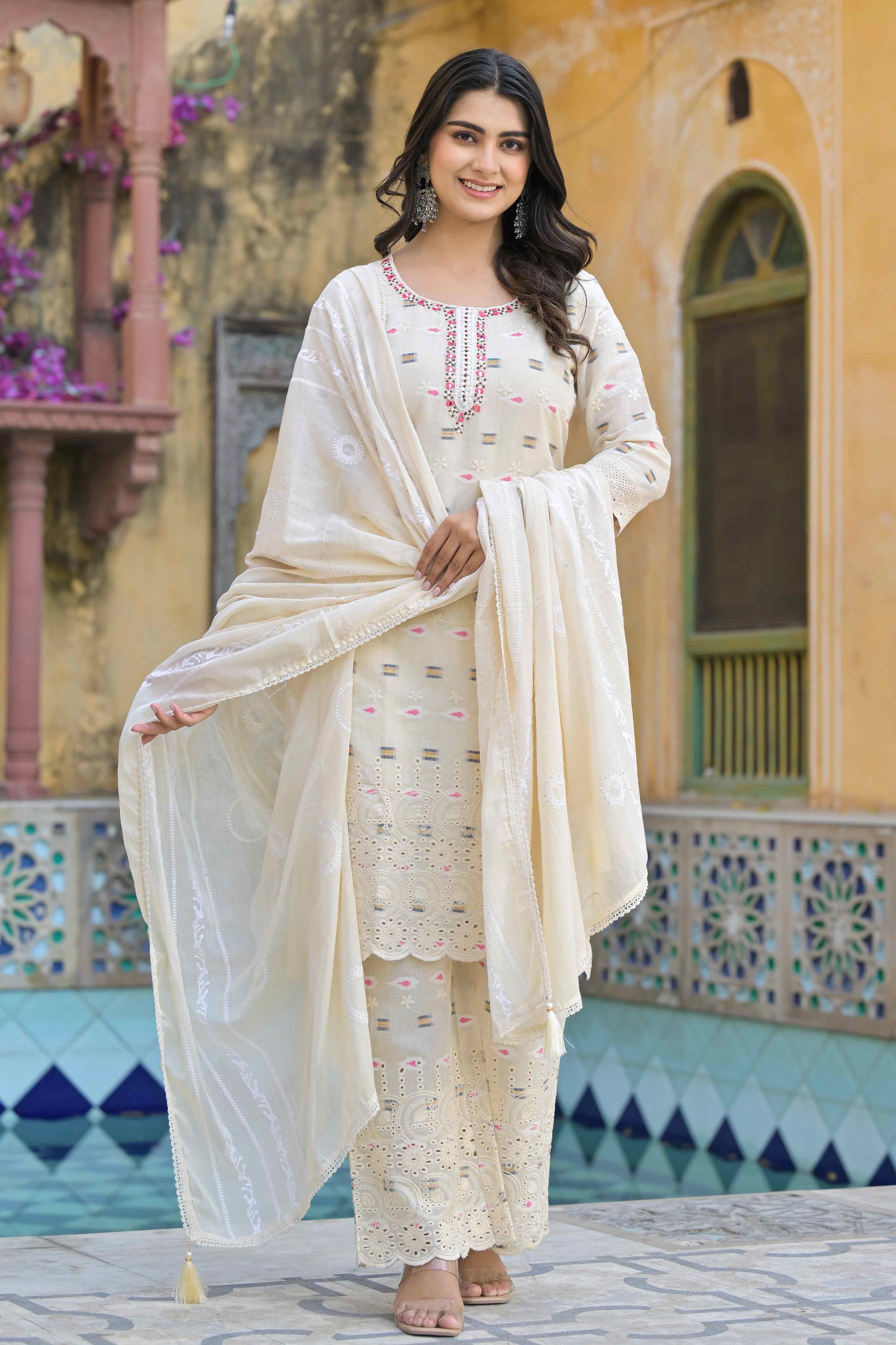 Off White Schiffli Work Embroidered Pure Cotton Salwar Suit
