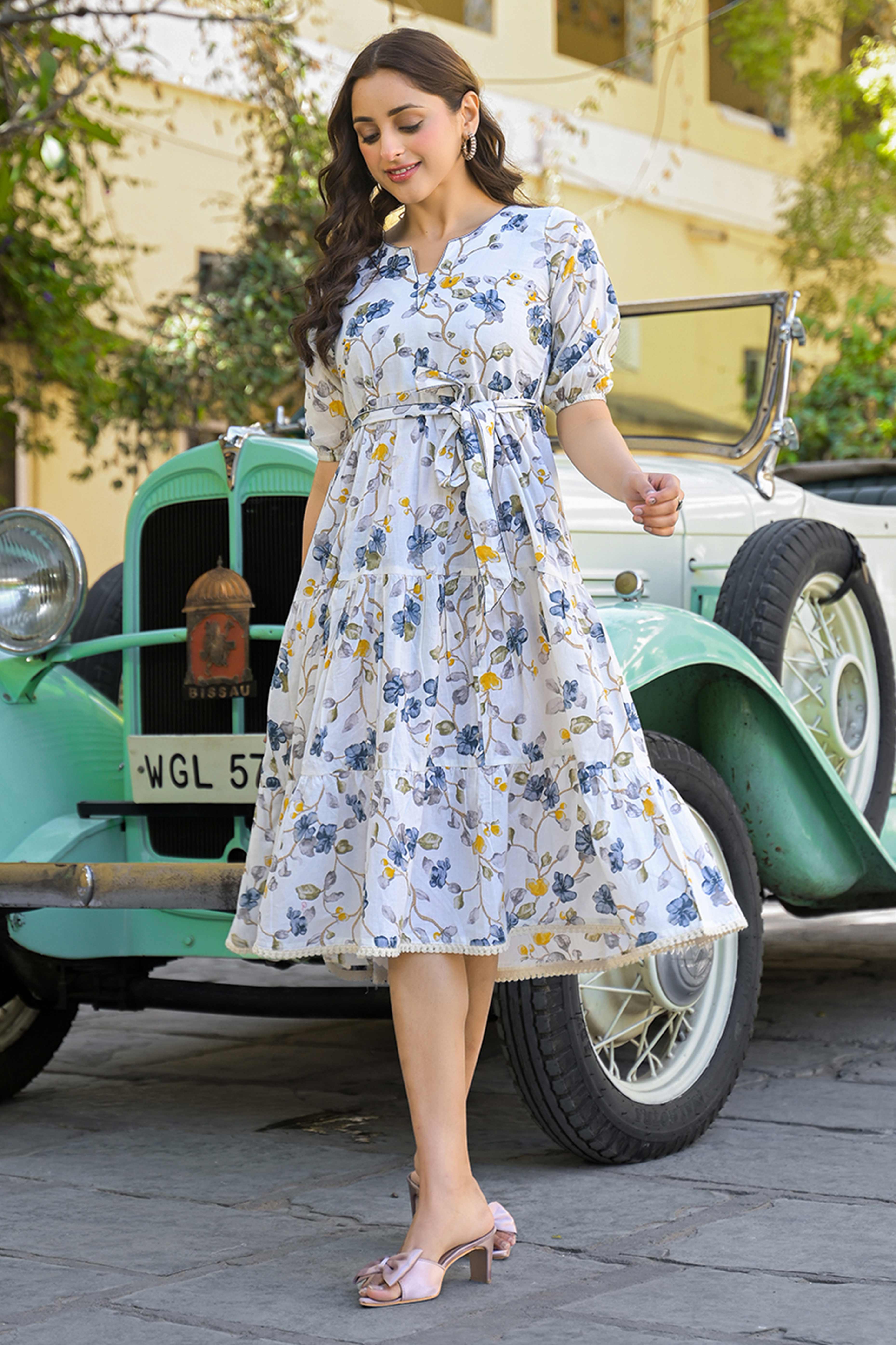 Grey Floral Printed Pure Cotton Maxi Dress