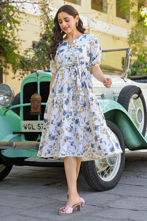 Grey Floral Printed Pure Cotton Maxi Dress