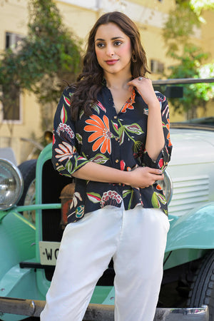 Black Floral Printed Muslin Top