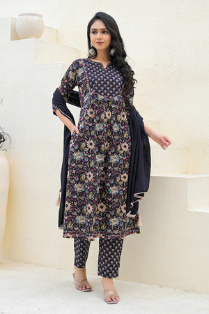 A-Line Style Black Cotton Salwar Suit with Blooming Floral Prints