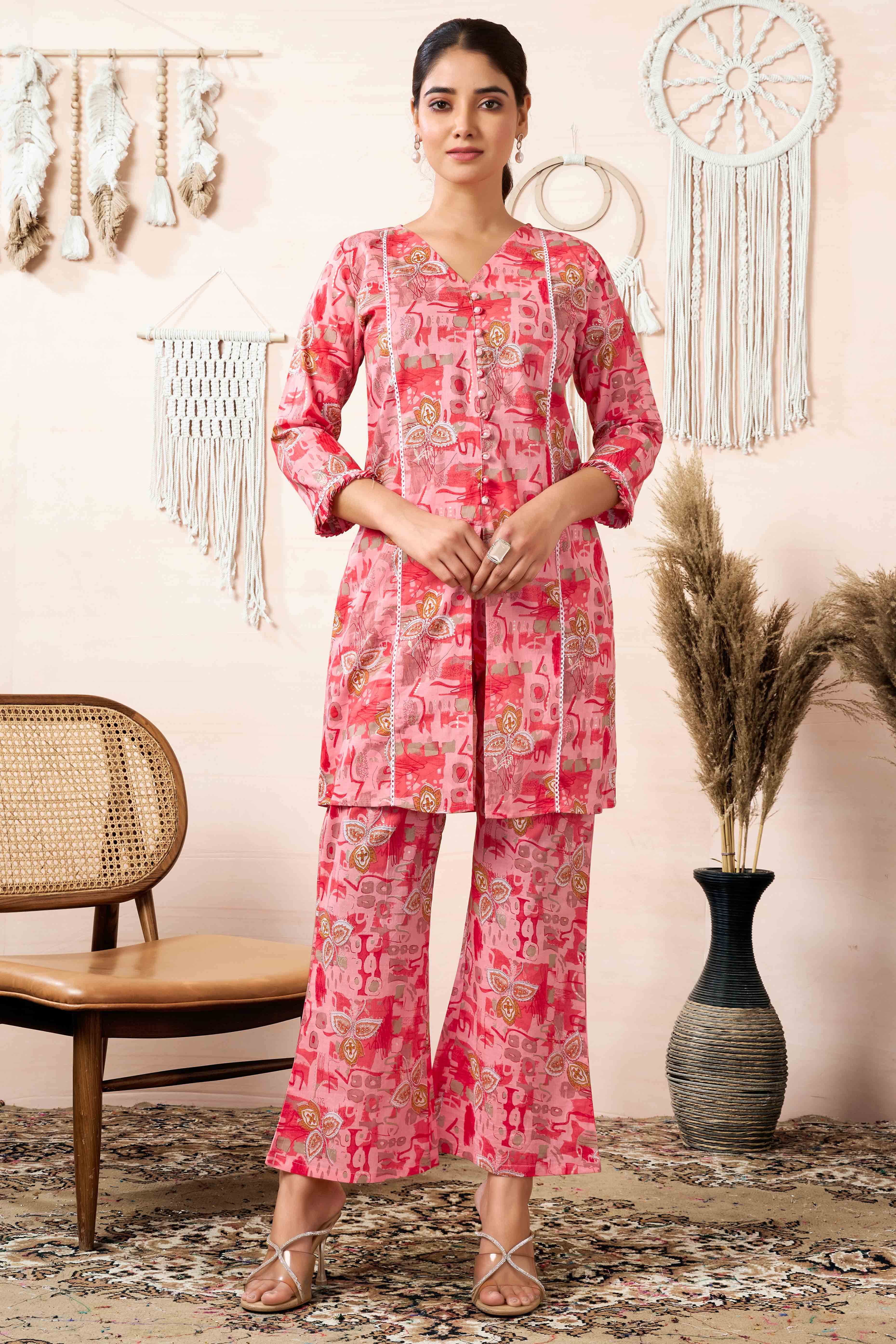 Peach Floral Printed Pure Cotton Co-ord Set