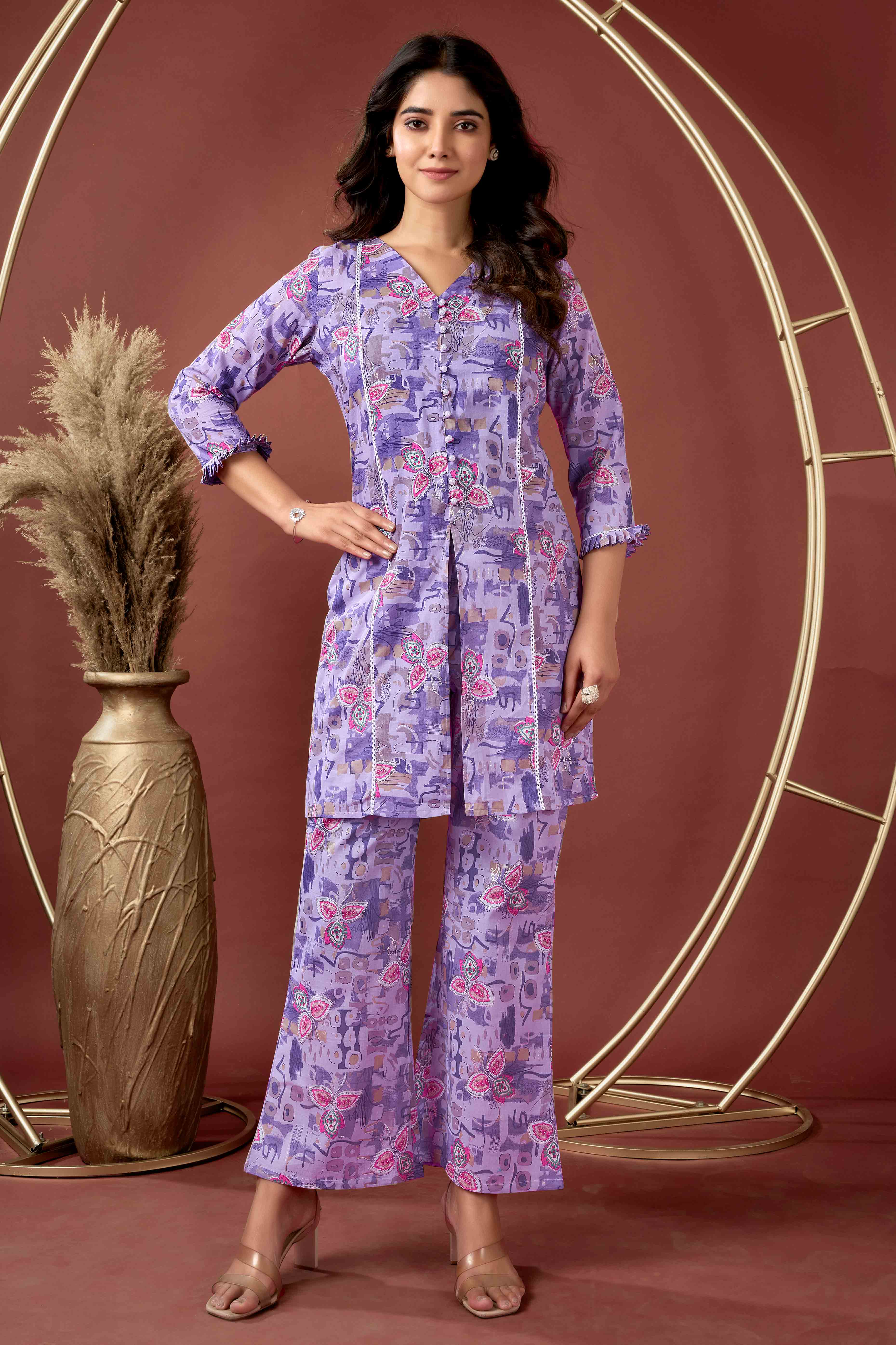 Plum Purple Floral Printed Pure Cotton Co-ord Set