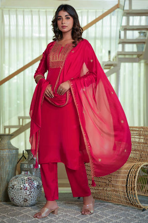 Glamorous Red Crepe Straight Suit with Intricate Sequin Embroidery