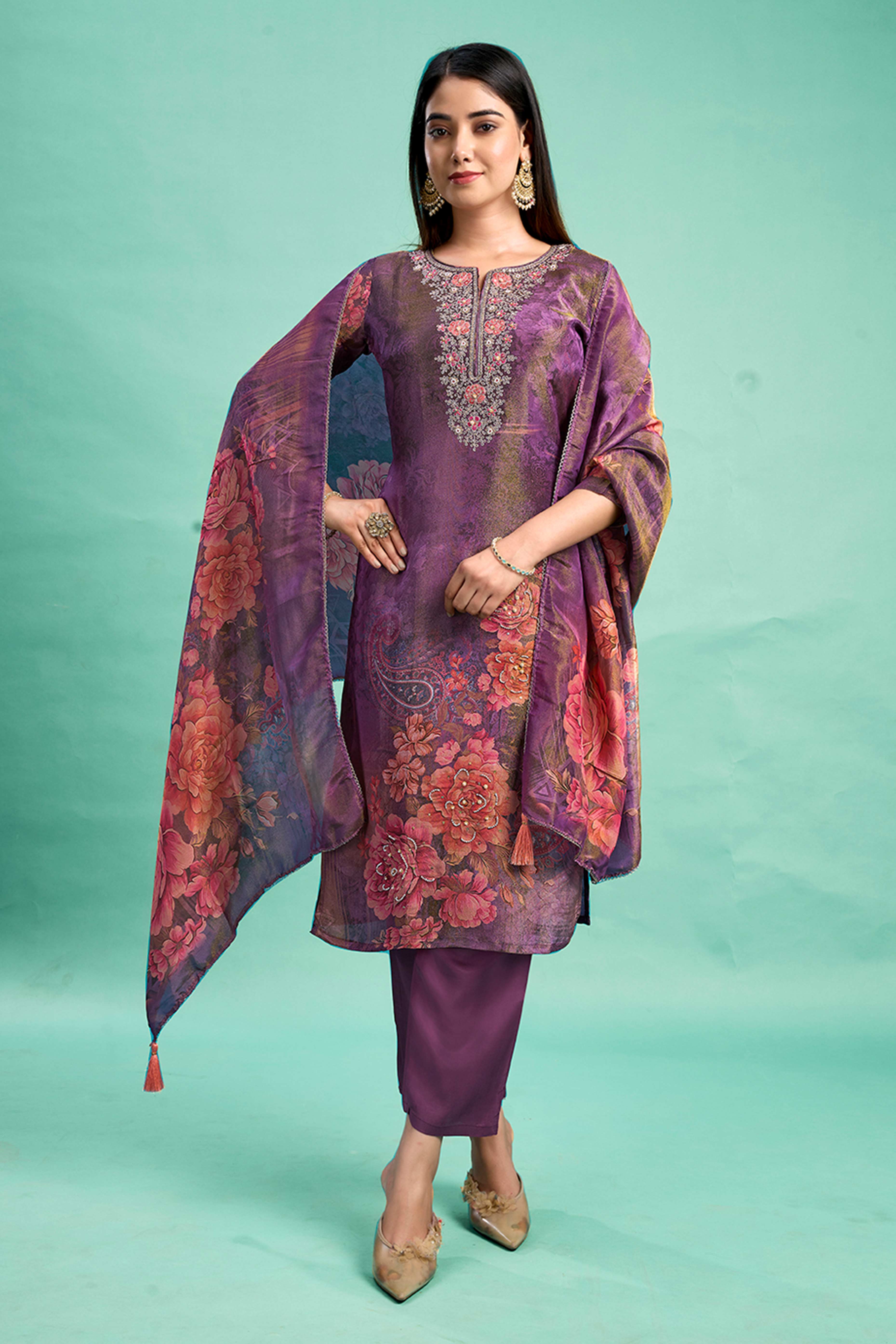 Purple Bandhani Printed With Embroidery Work Pure Viscose Salwar Suit