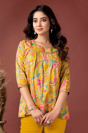 Mustard Abstract Printed Rayon Tunic Top