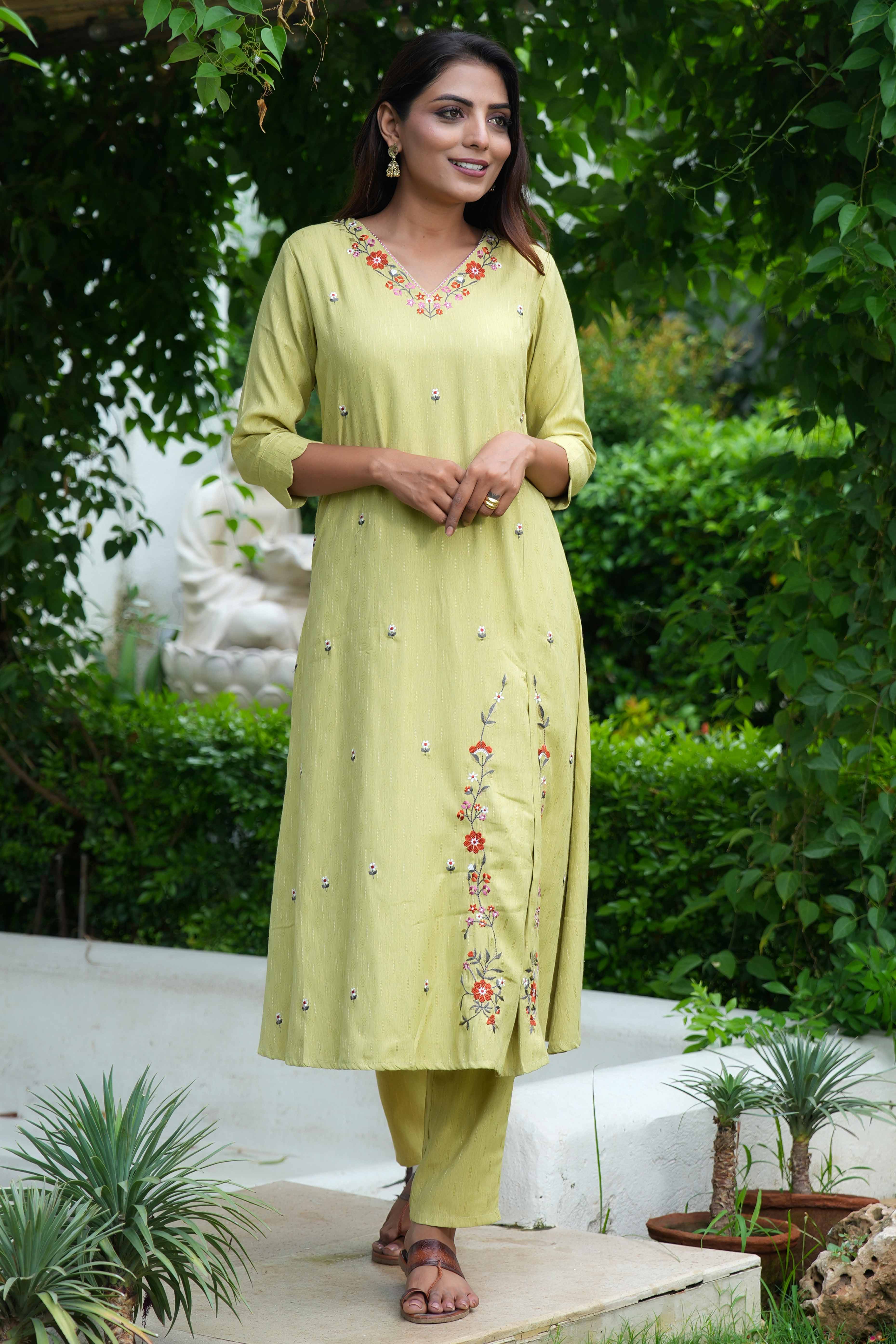 Light Green A-Line Top and Bottom Set in Dobby Rayon with Intricate Floral Embroidery
