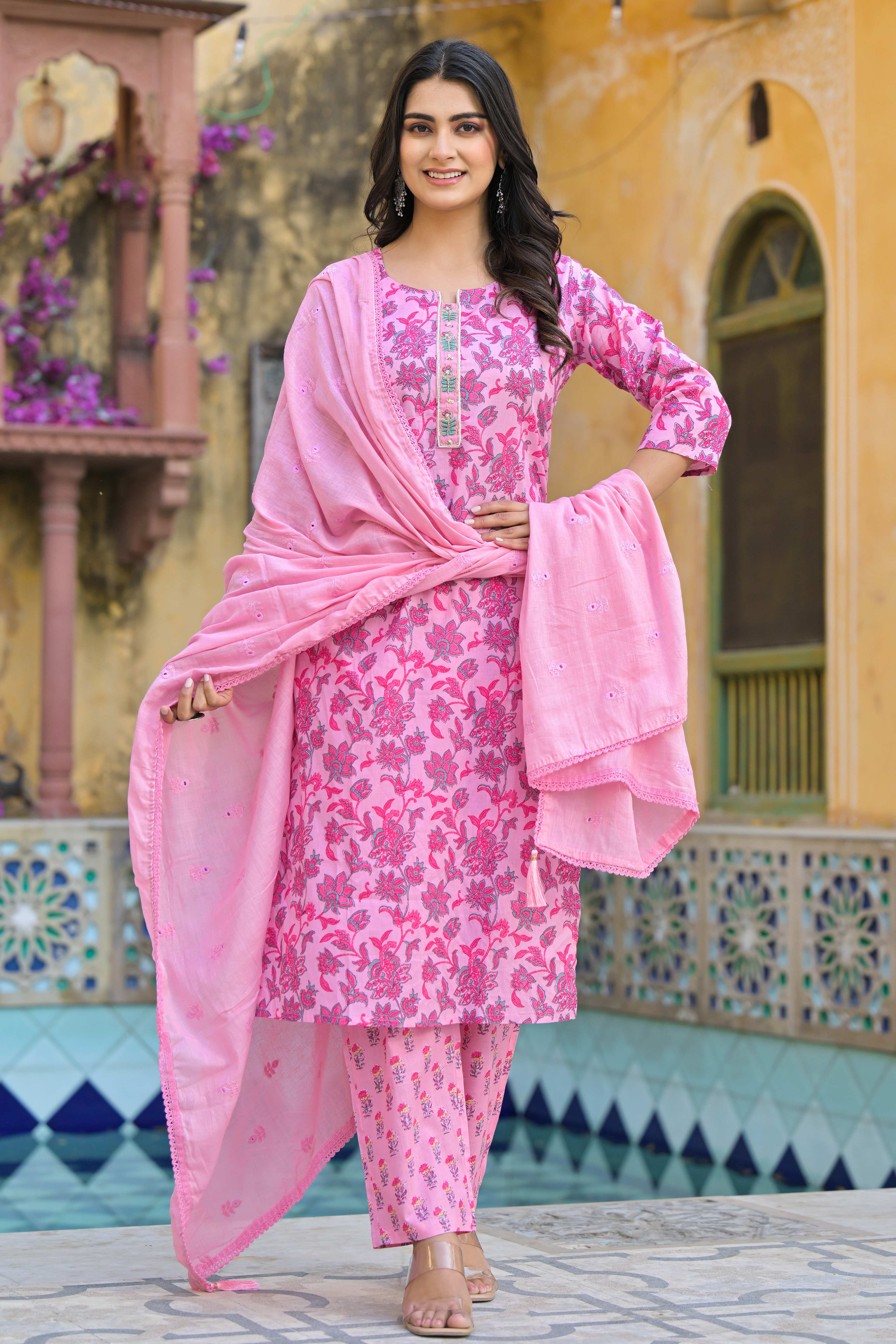 Blush Pink Floral Printed Pure Cotton Straight Salwar Suit