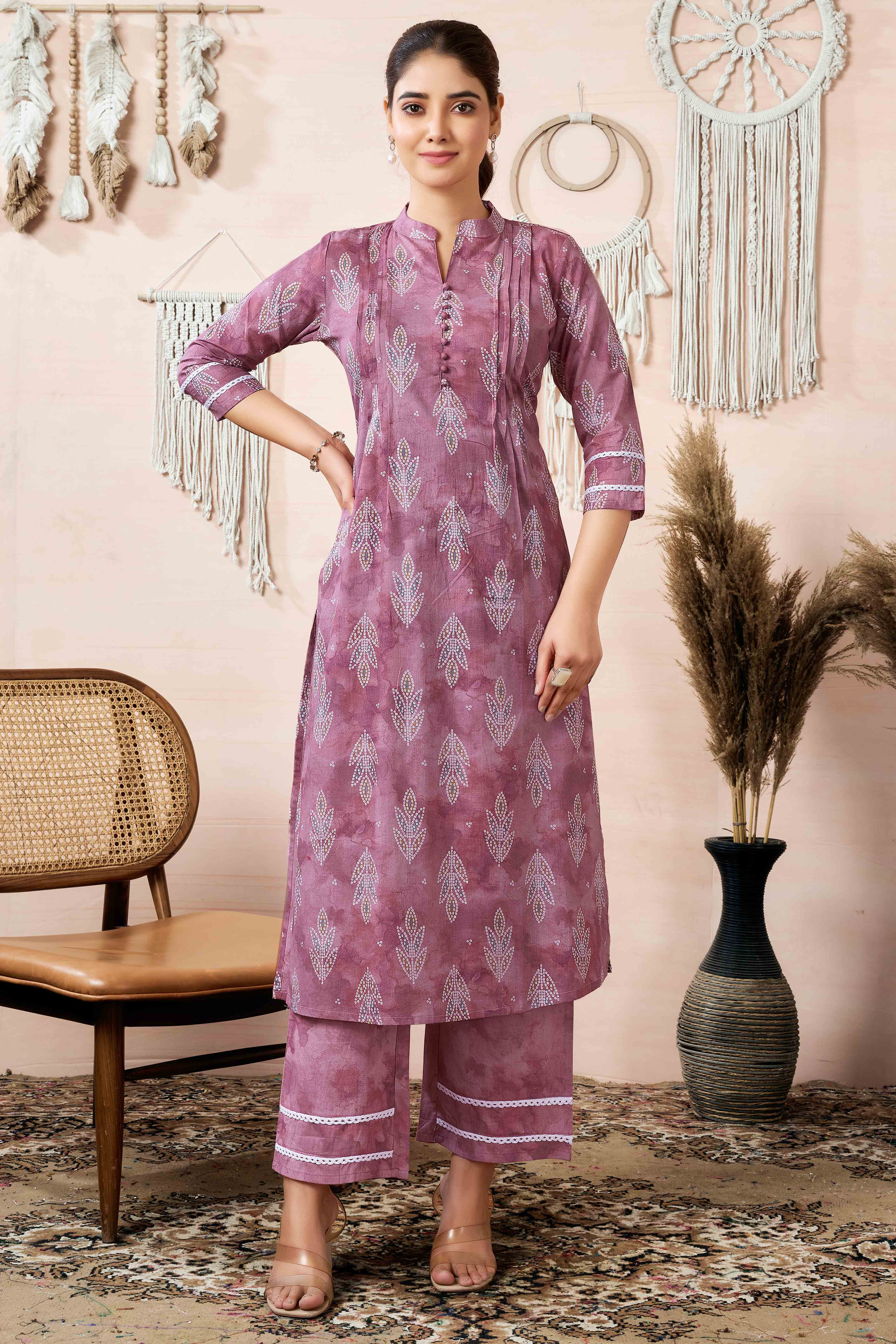 Mauve Floral Foil Printed Cambric Cotton Kurti Palazzo Set