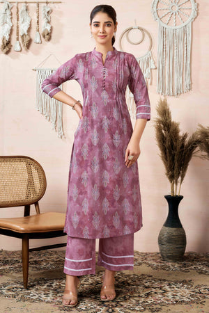 Mauve Floral Foil Printed Cambric Cotton Kurti Palazzo Set