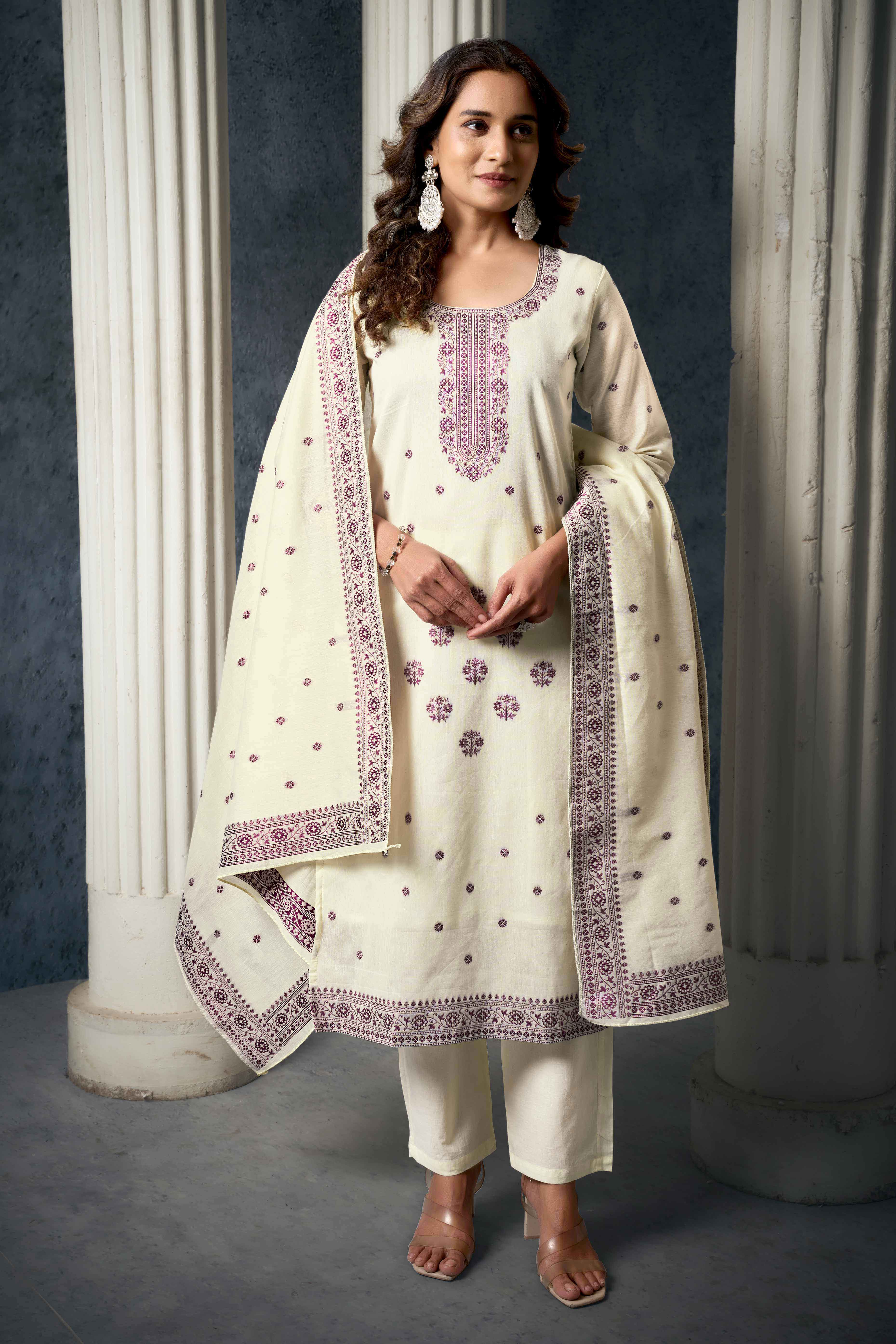 Off White & Wine Jacquard Weaving Pure Cotton Straight Salwar Suit