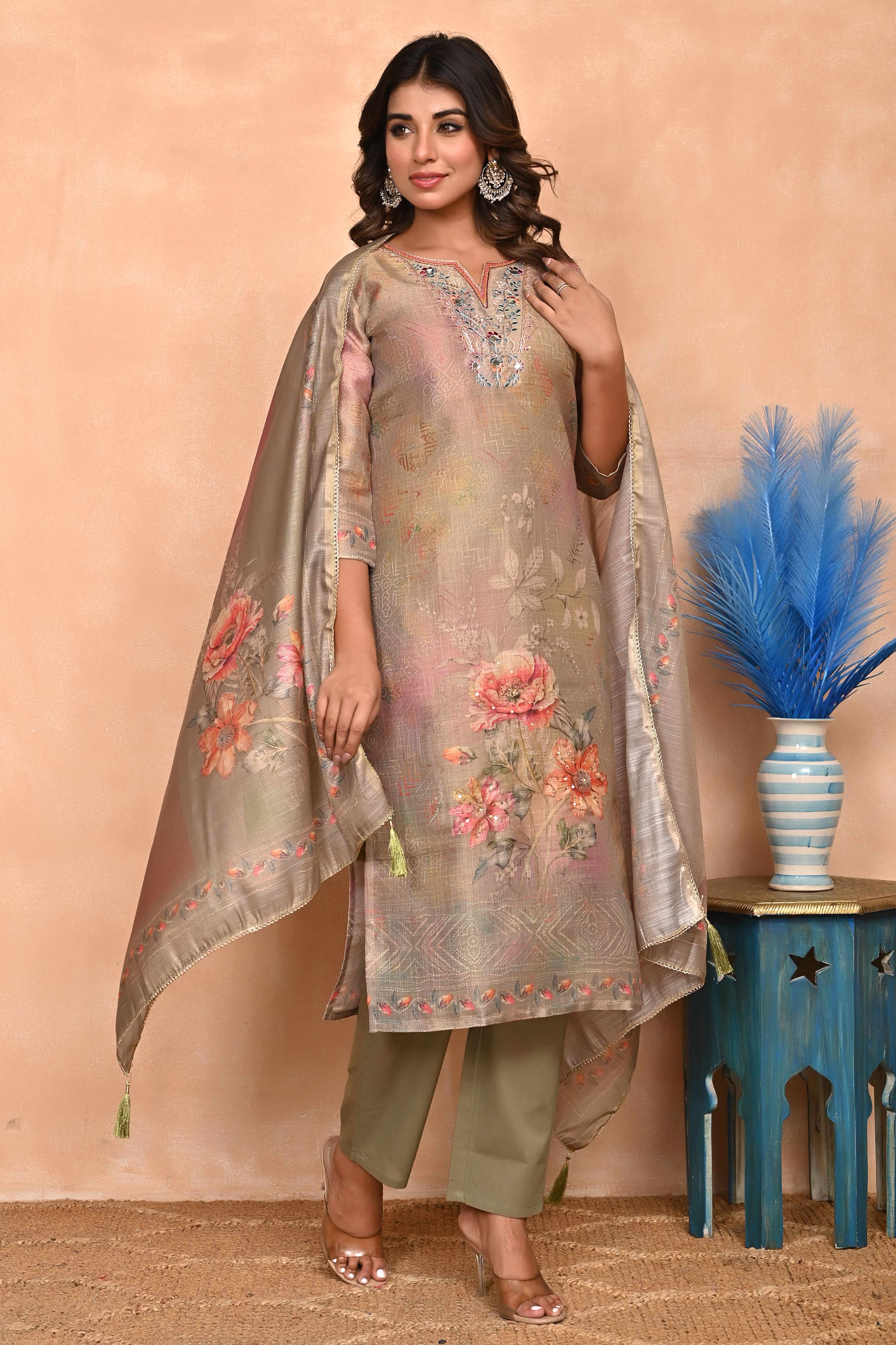 Stylish Olive Straight Cut Suit with Elegant Embroidery on Shimmer Linen
